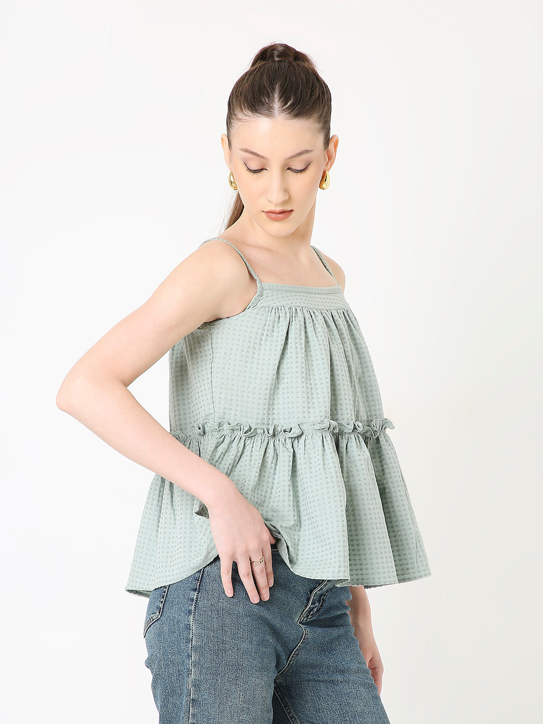 SAGE GREEN TEXTURED PATTERN SPAGHETTI STRAP LAYERED TOP