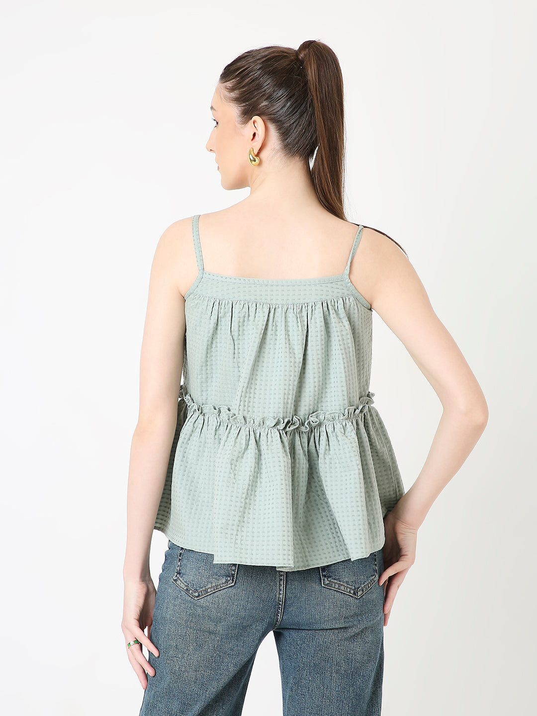 SAGE GREEN TEXTURED PATTERN SPAGHETTI STRAP LAYERED TOP