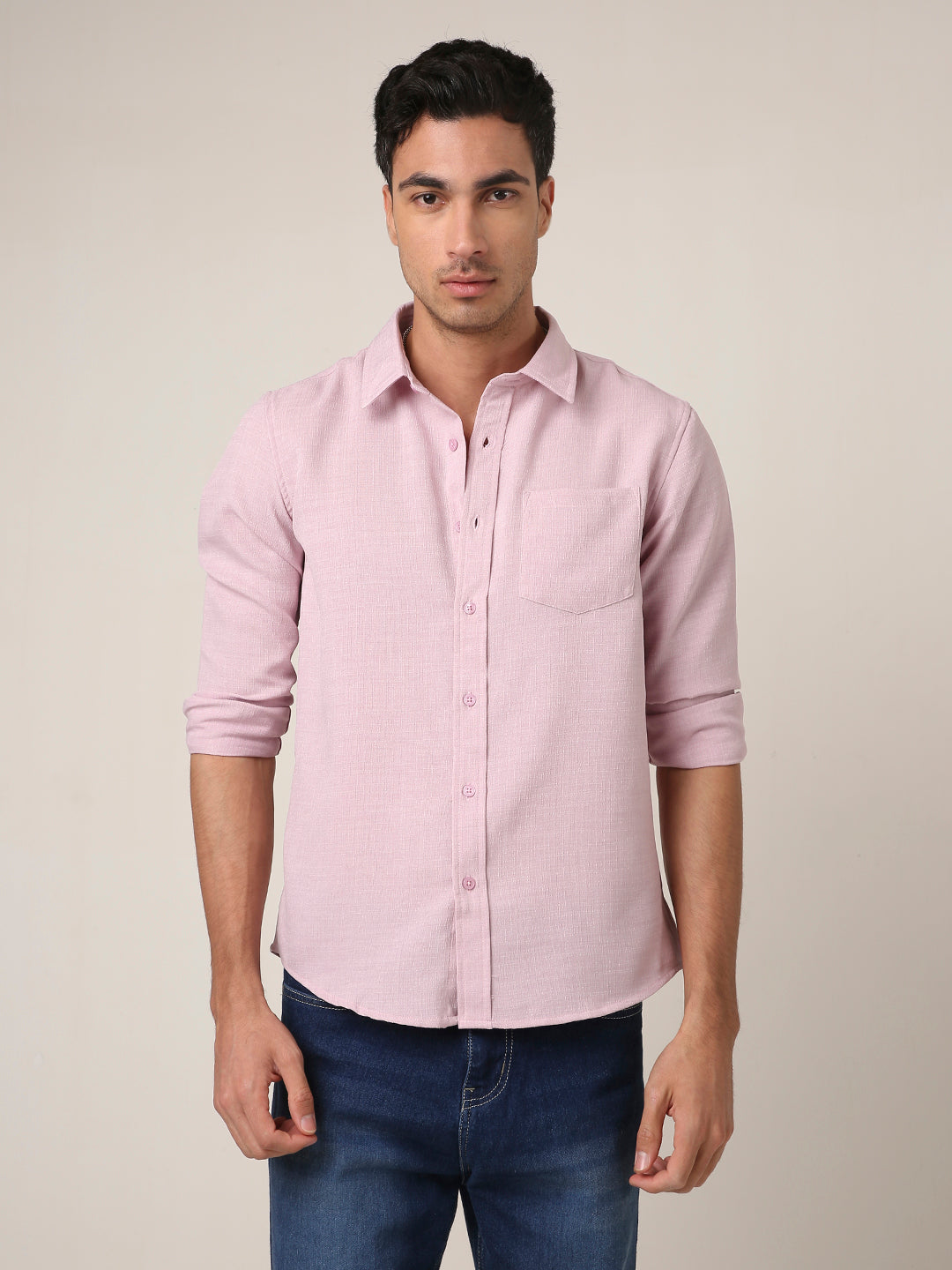 Solid Pastel Mauve Textured Casual Shirt