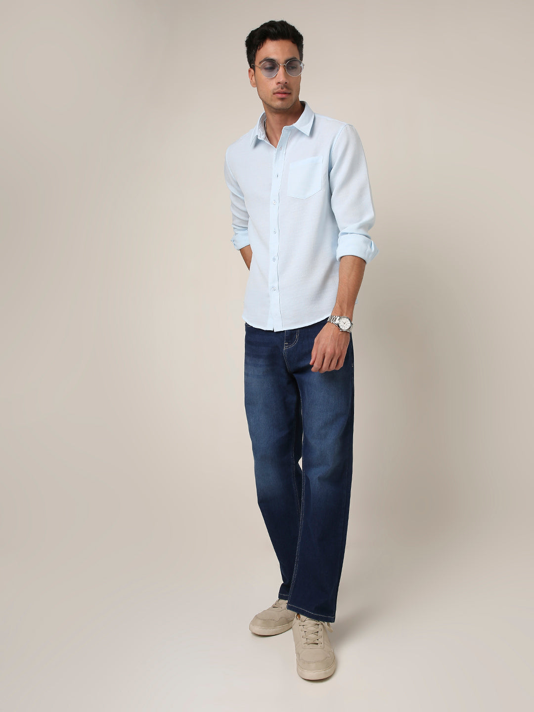 Solid Light Blue Textured Casual Shirt