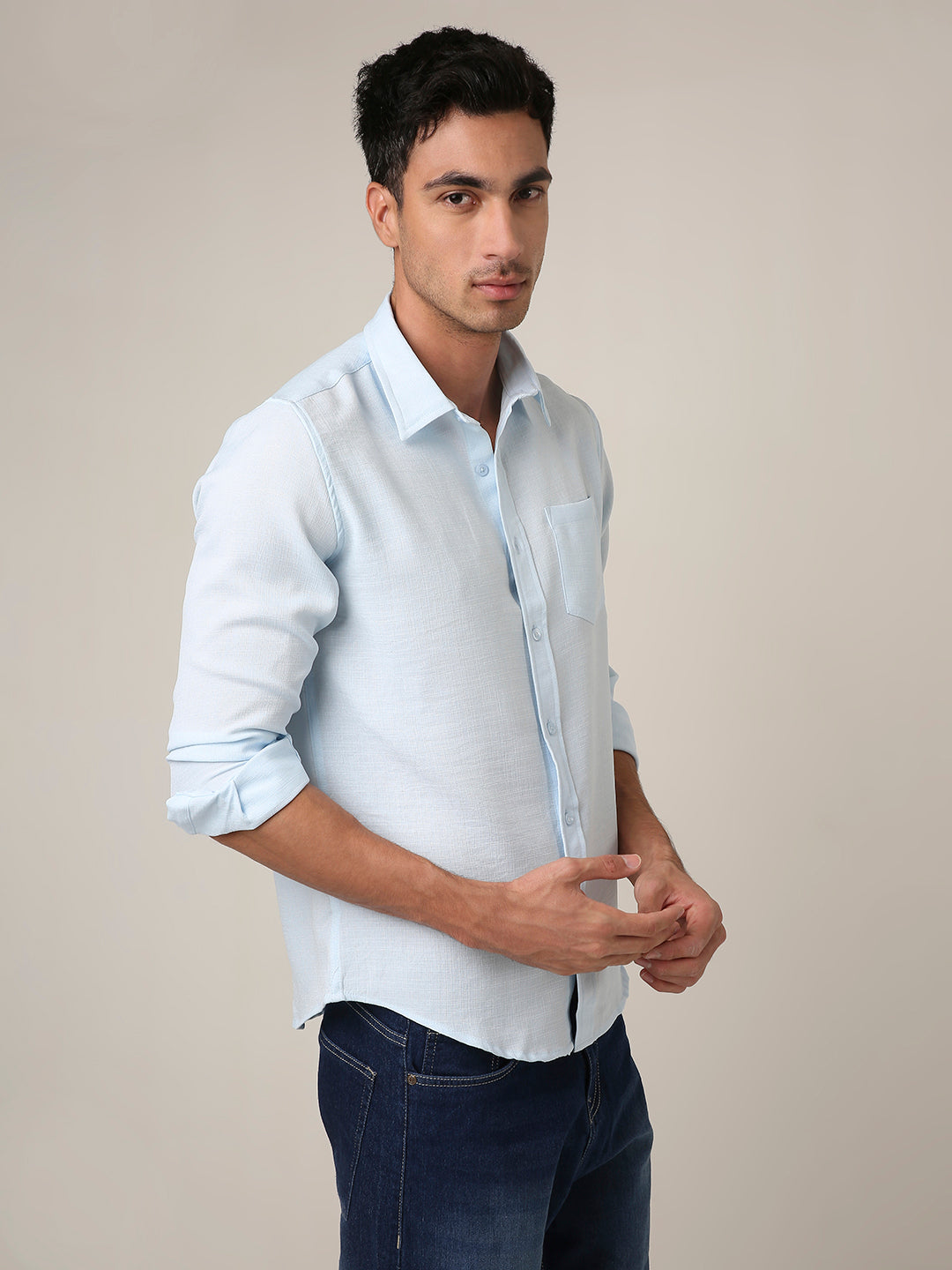 Solid Light Blue Textured Casual Shirt
