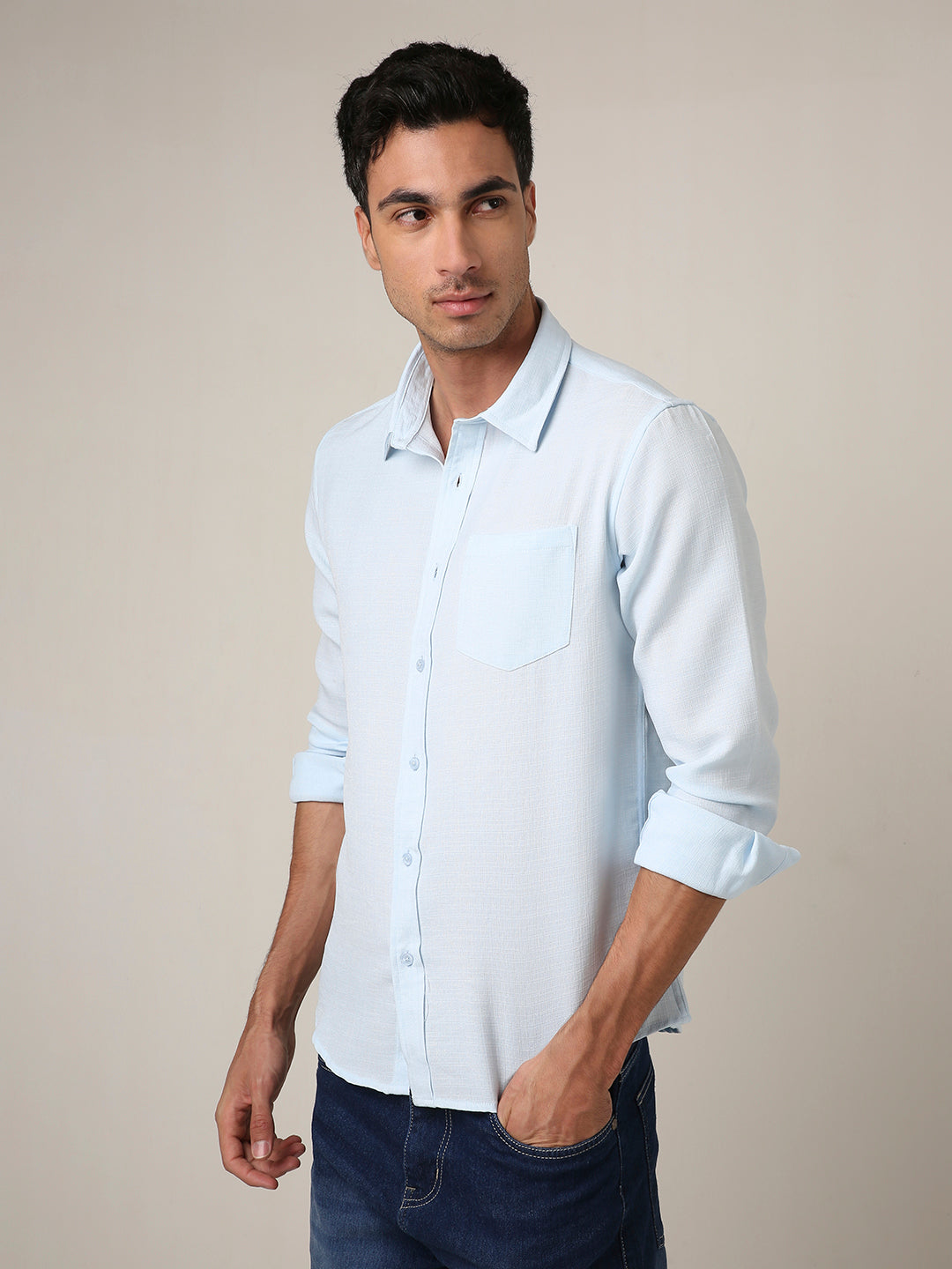Solid Light Blue Textured Casual Shirt