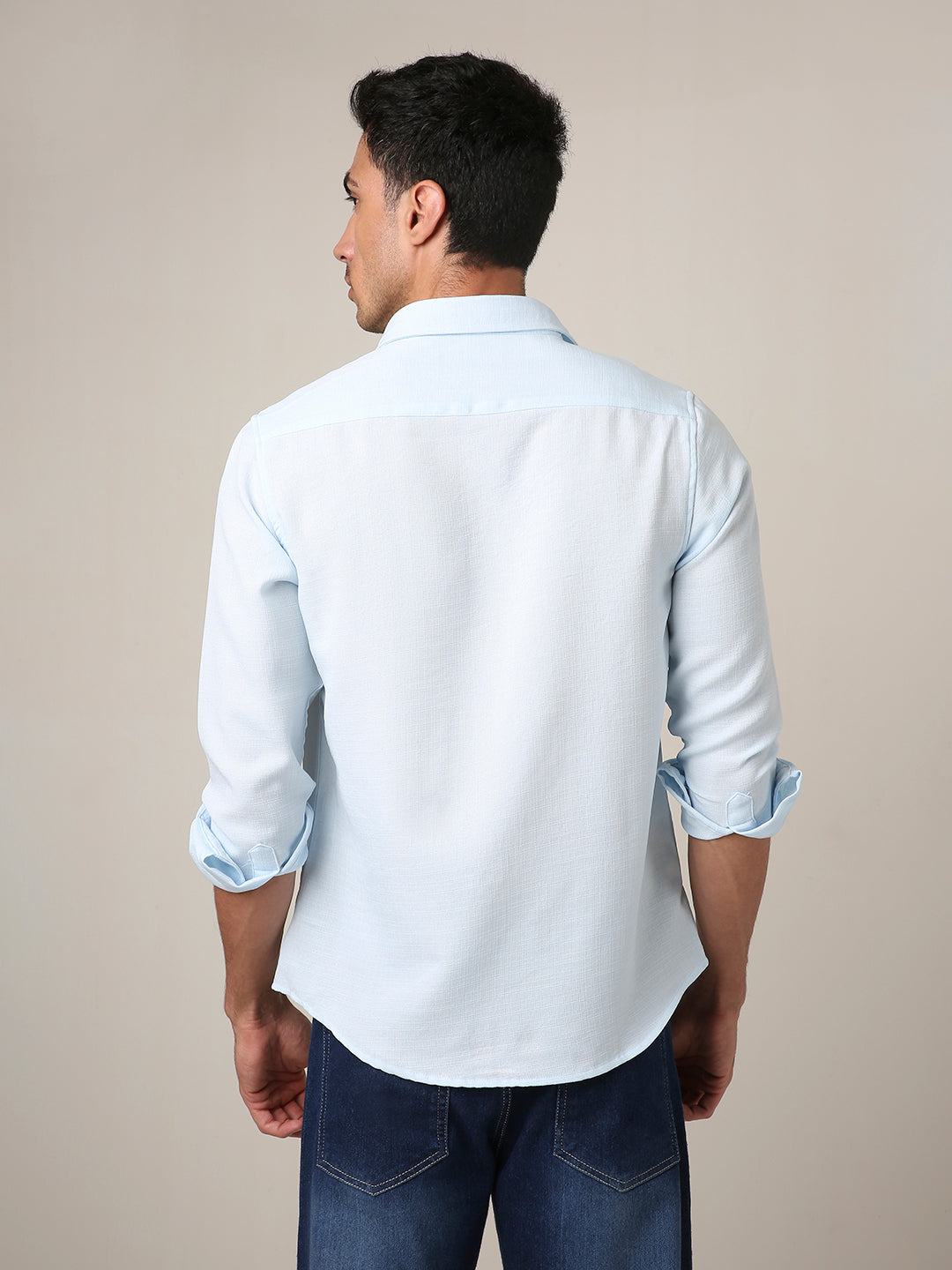 Solid Light Blue Textured Casual Shirt