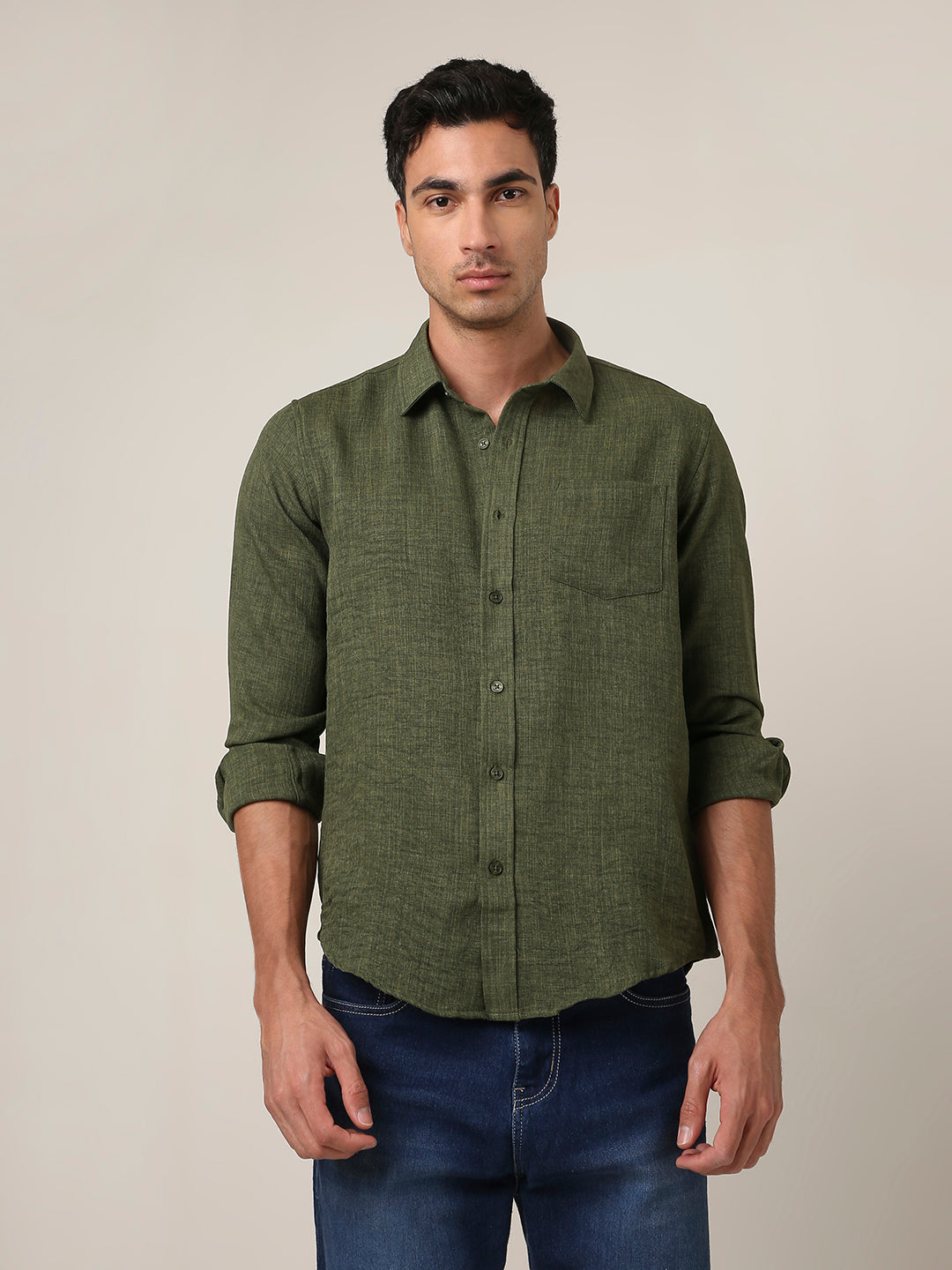 Solid Dark Olive Textured Casual Shirt