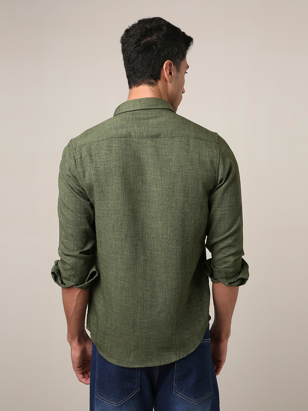 Solid Dark Olive Textured Casual Shirt