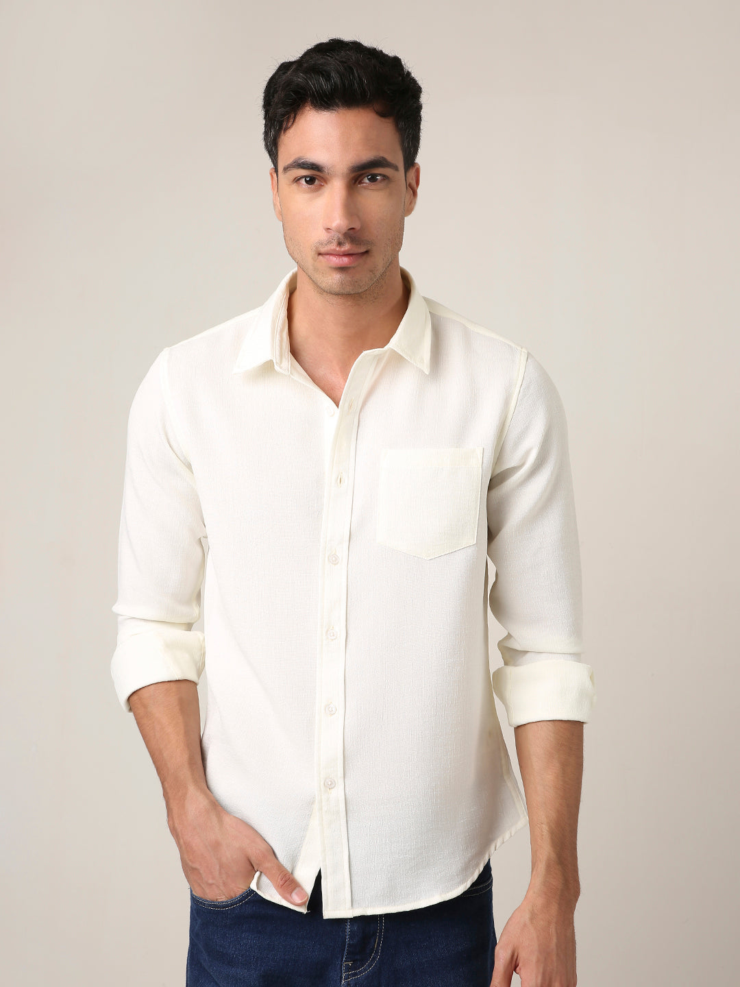 Solid Cream Textured Casual Shirt