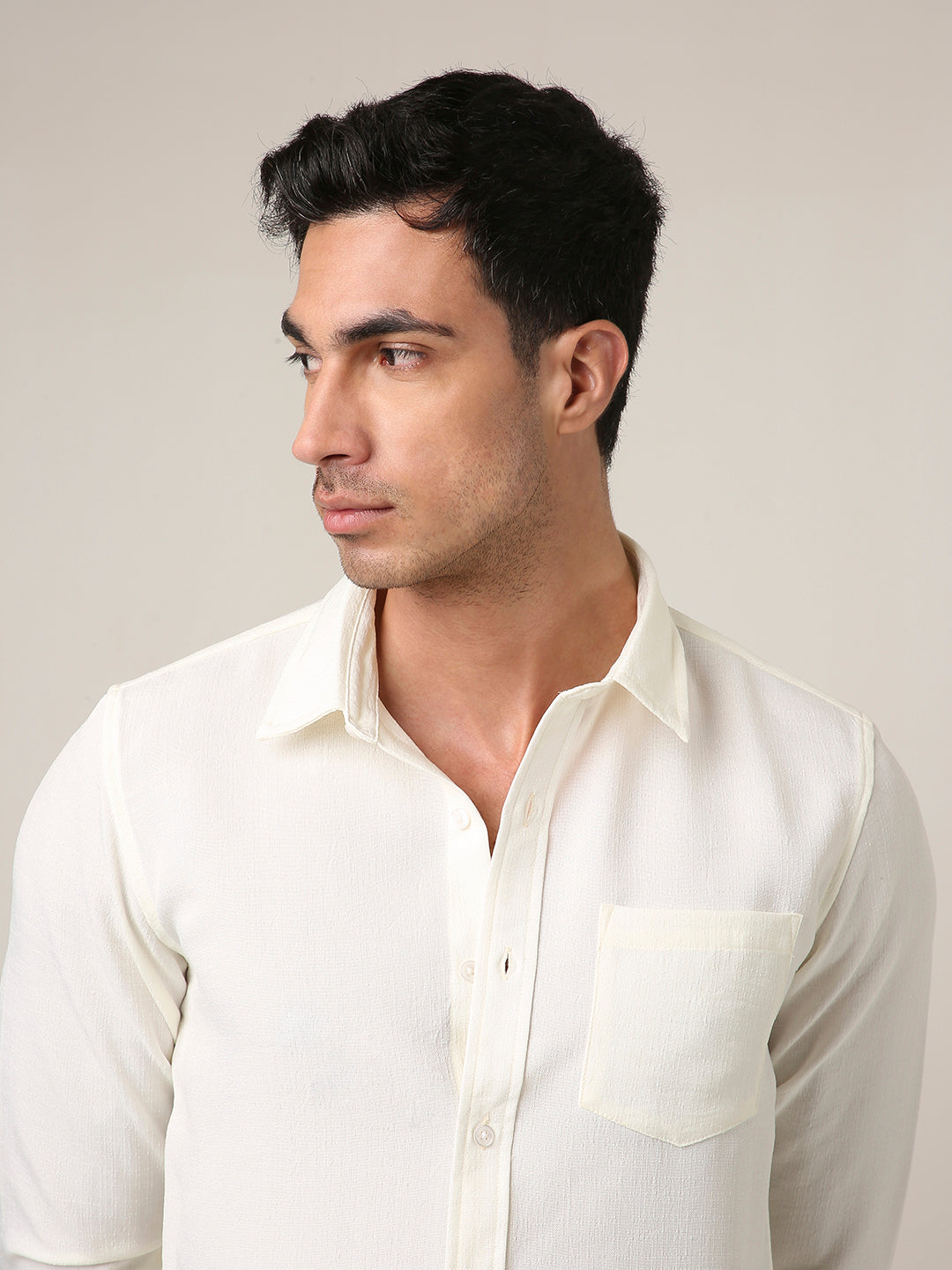Solid Cream Textured Casual Shirt