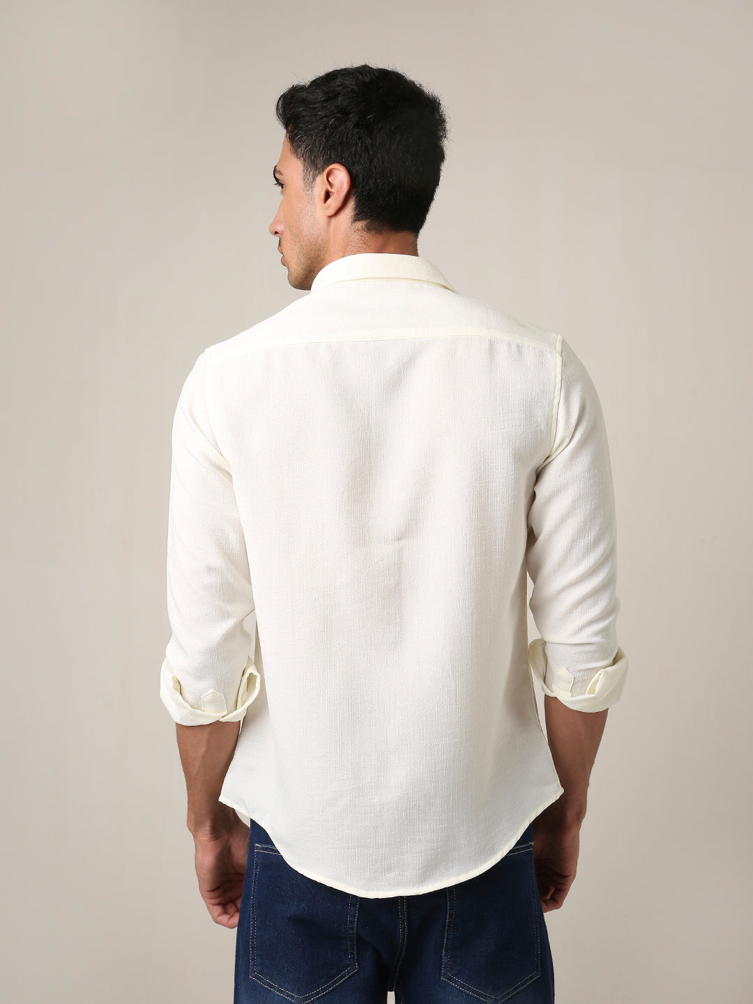 Solid Cream Textured Casual Shirt