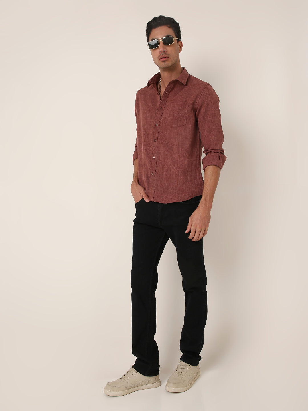 Solid Brown Textured Casual Shirt