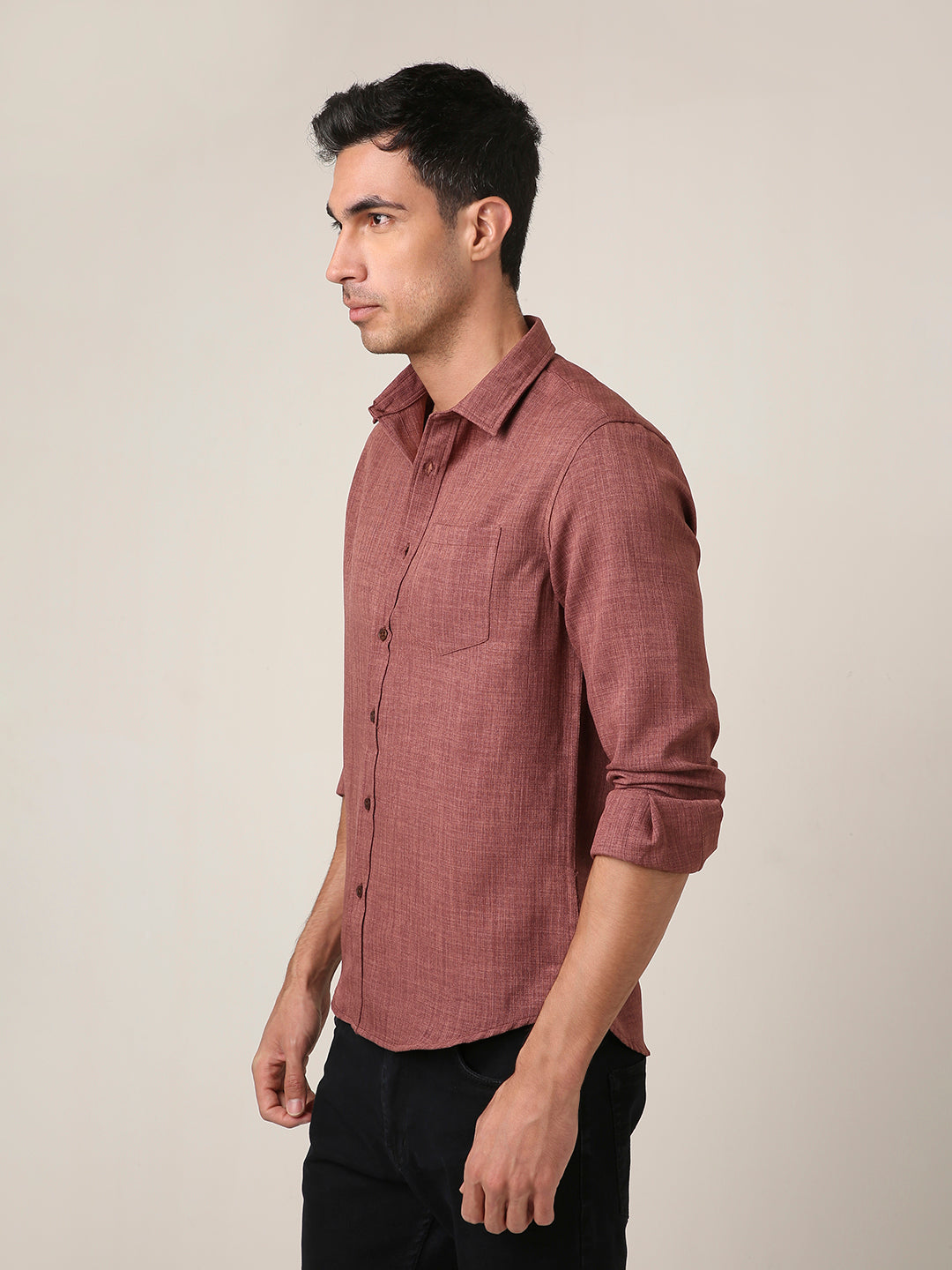 Solid Brown Textured Casual Shirt