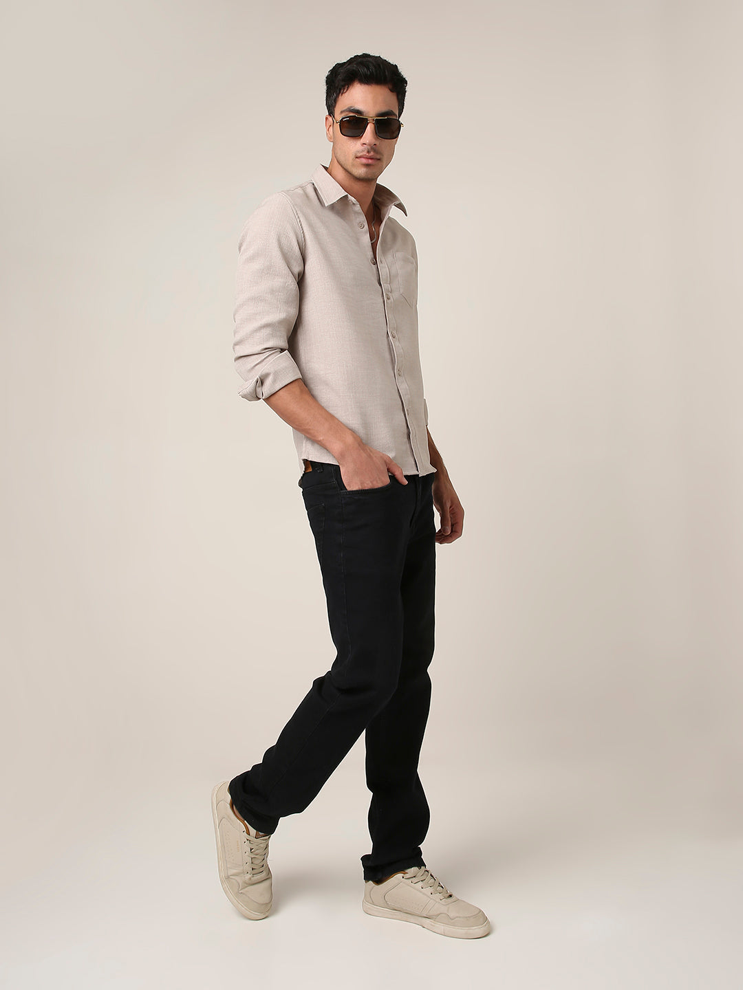 Solid Beige Textured Casual Shirt
