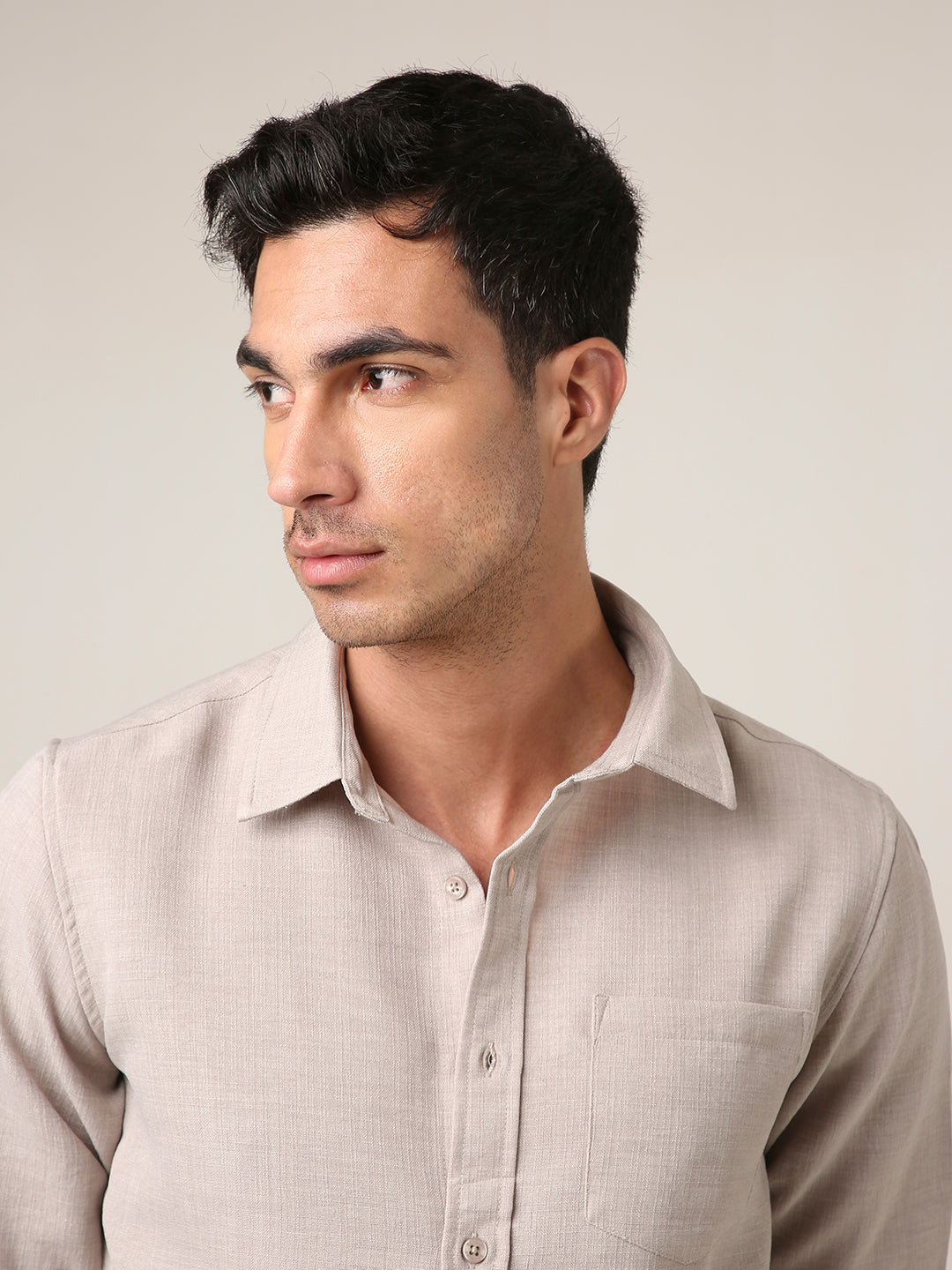 Solid Beige Textured Casual Shirt
