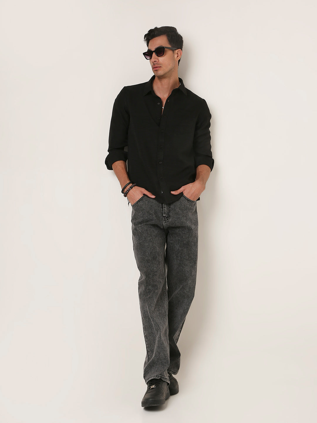 Solid Black Textured Casual Shirt