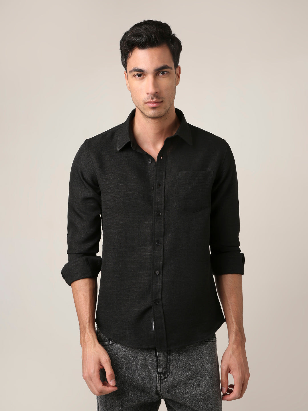 Solid Black Textured Casual Shirt