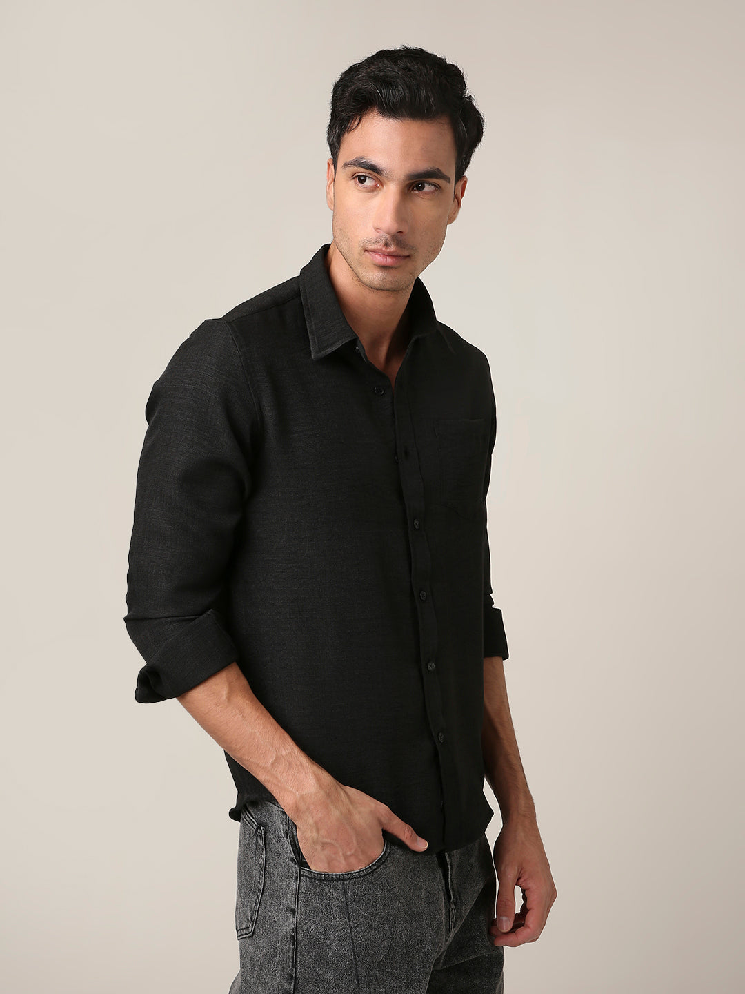 Solid Black Textured Casual Shirt