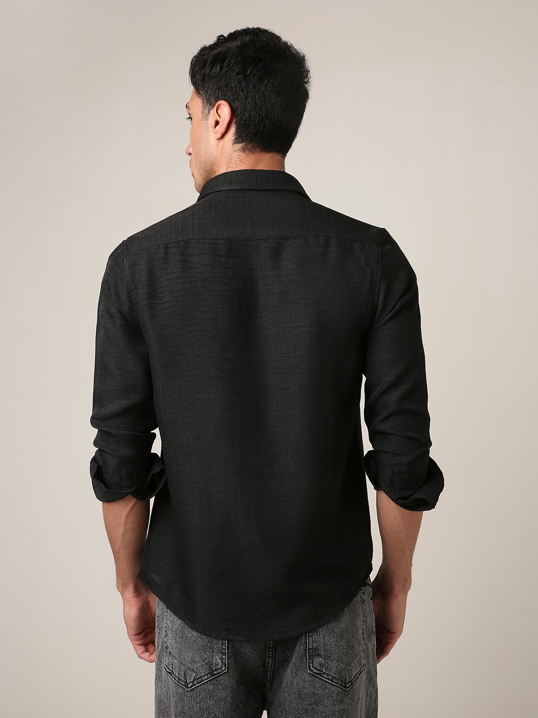 Solid Black Textured Casual Shirt