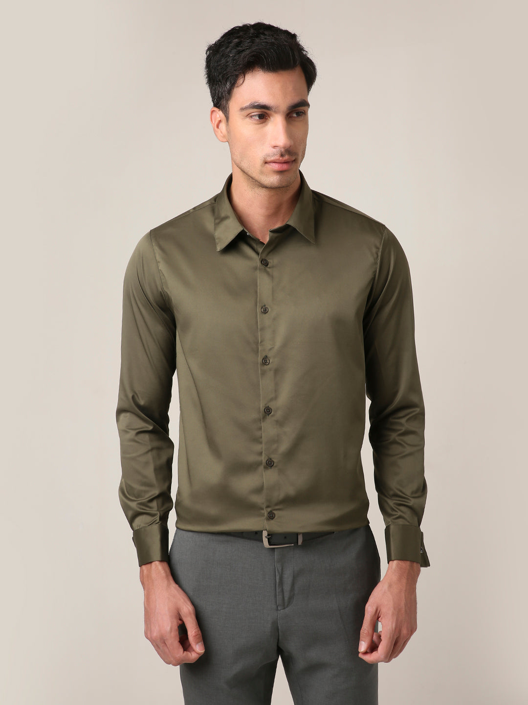 Classic Olive Green Satin Formal Shirt