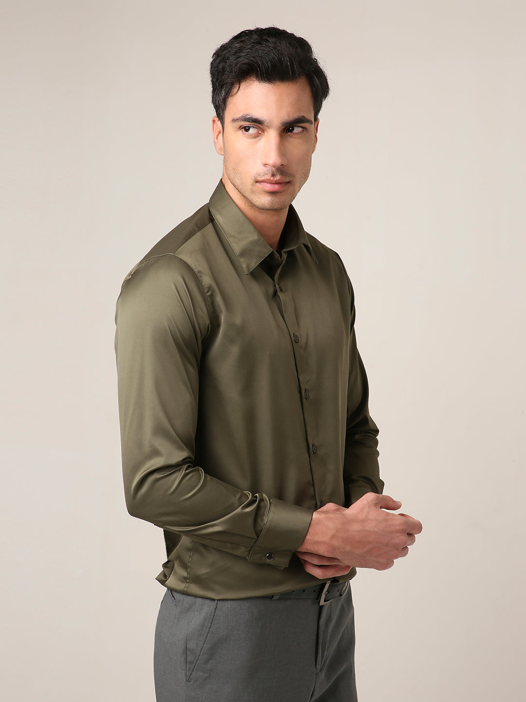 Classic Olive Green Satin Formal Shirt