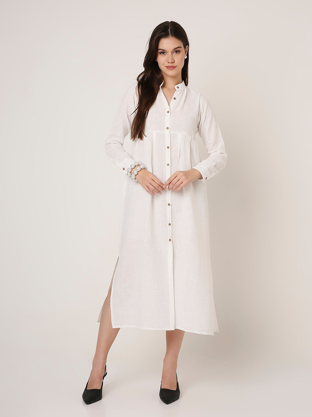 CLASSIC LINEN BLEND WHITE BUTTON-DOWN SHIRT DRESS