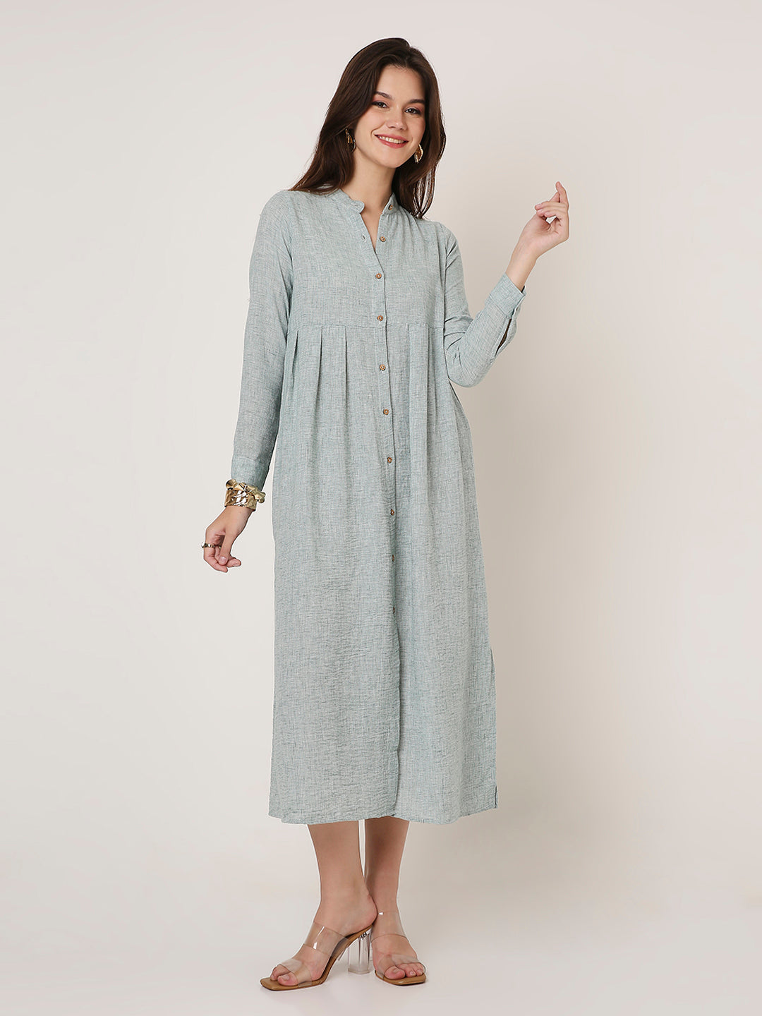 GREEN BUTTON-DOWN SHIRT DRESS