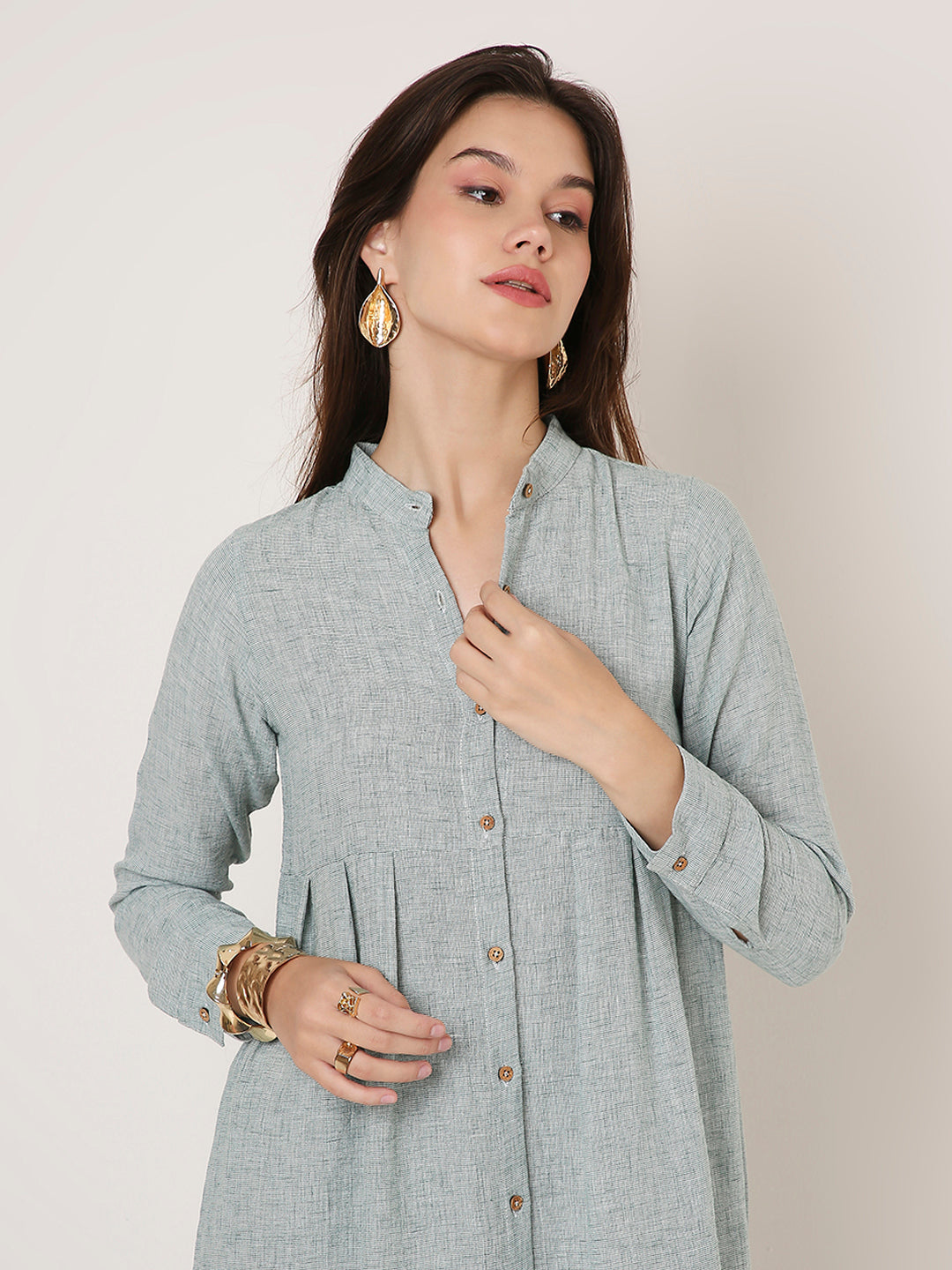 GREEN BUTTON-DOWN SHIRT DRESS