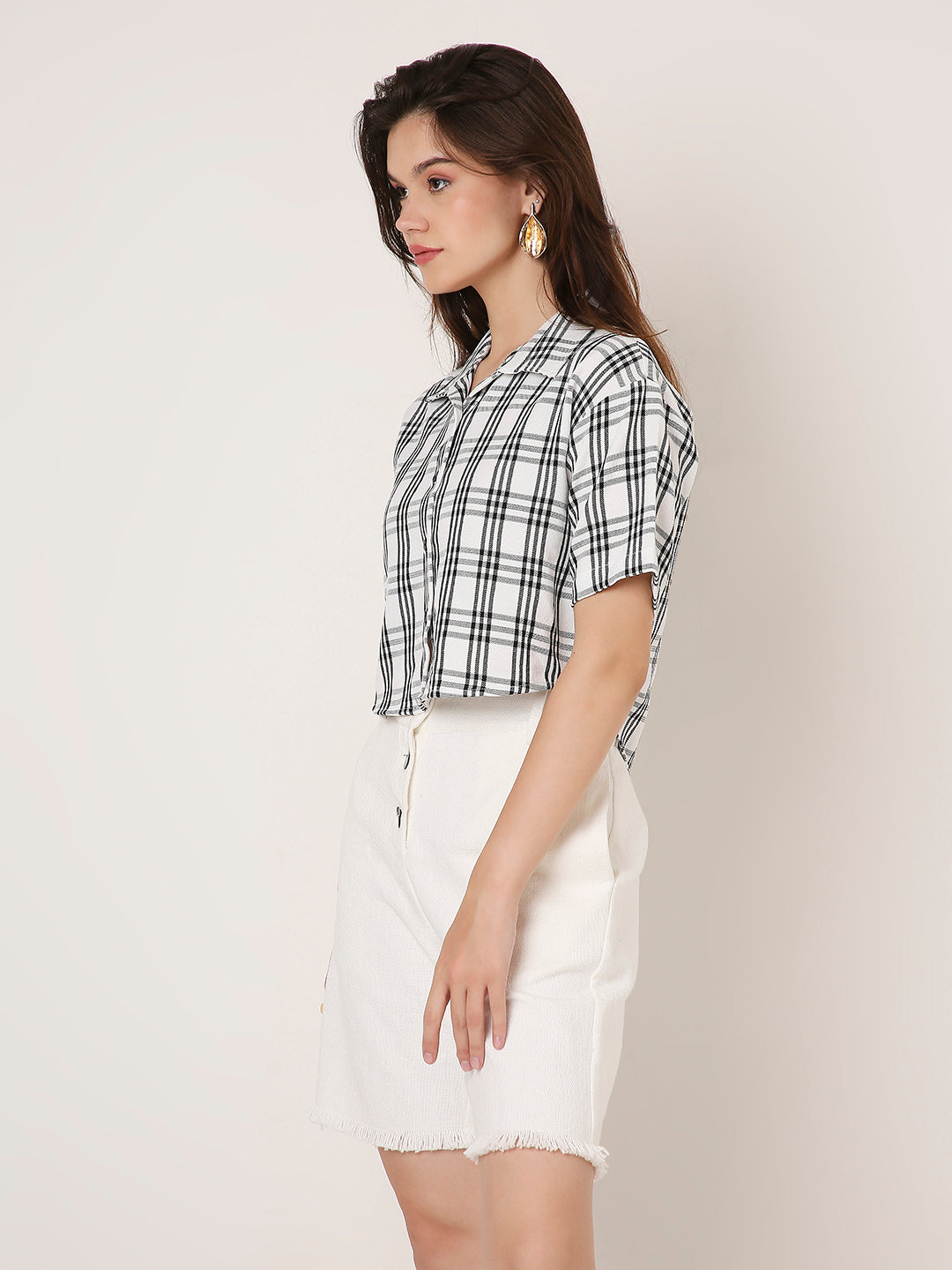 WHITE CHECKED CROP SHIRT