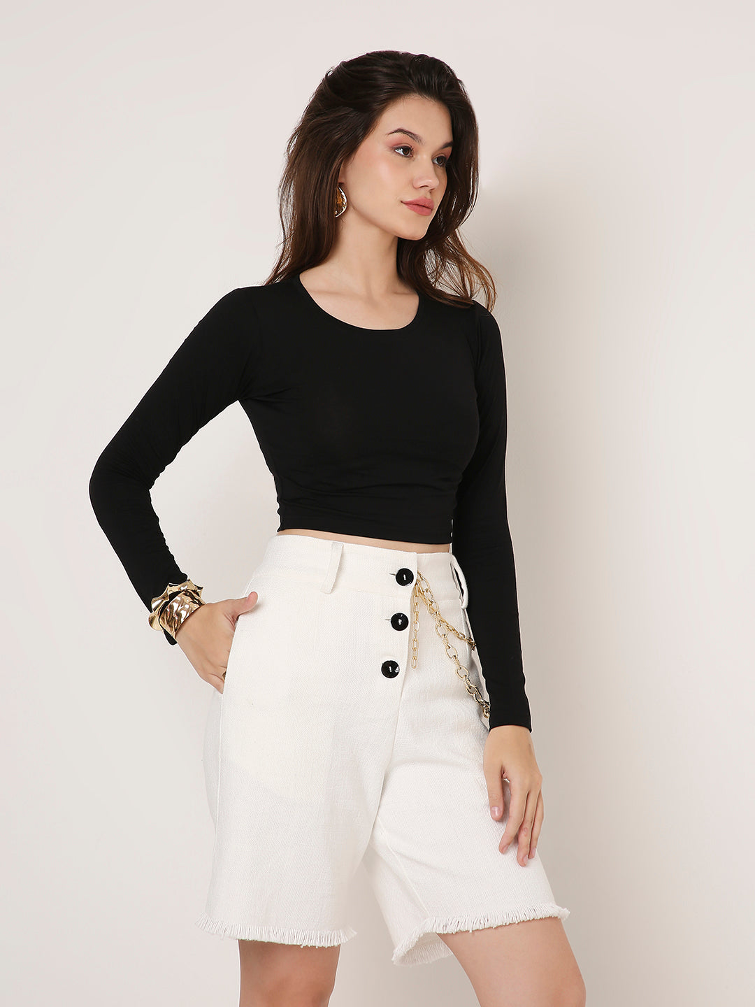 Solid Full-Sleeve Fitted Crop Top