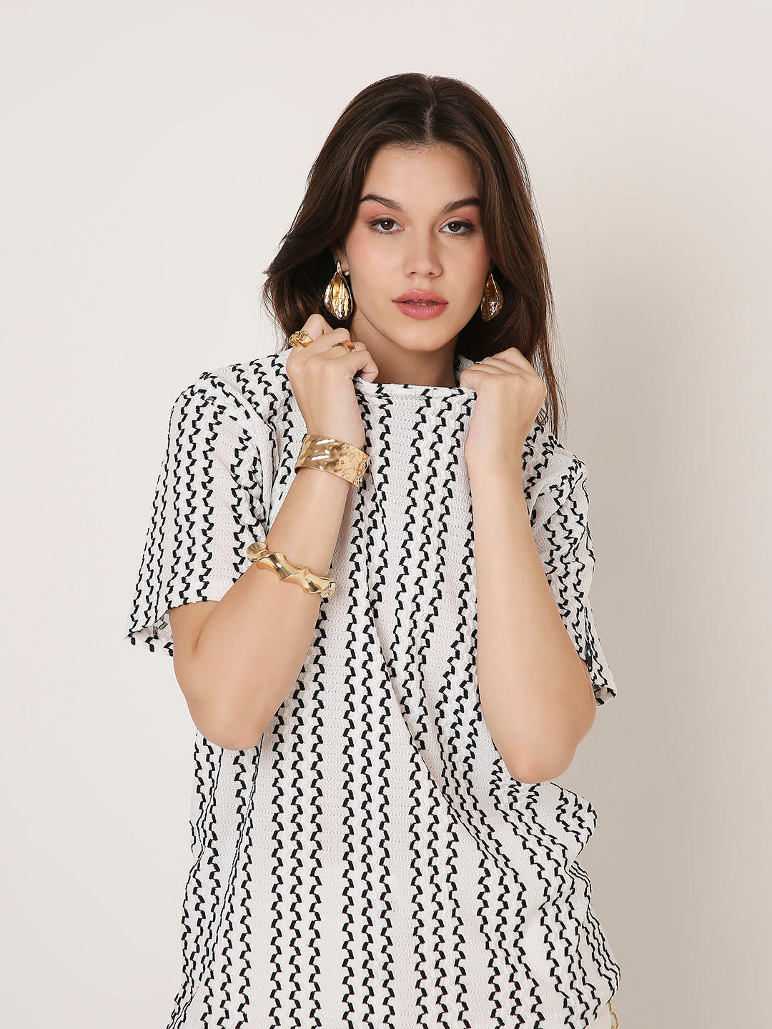 WHITE PATTERNED CREW NECK BOYFRIEND T-SHIRT