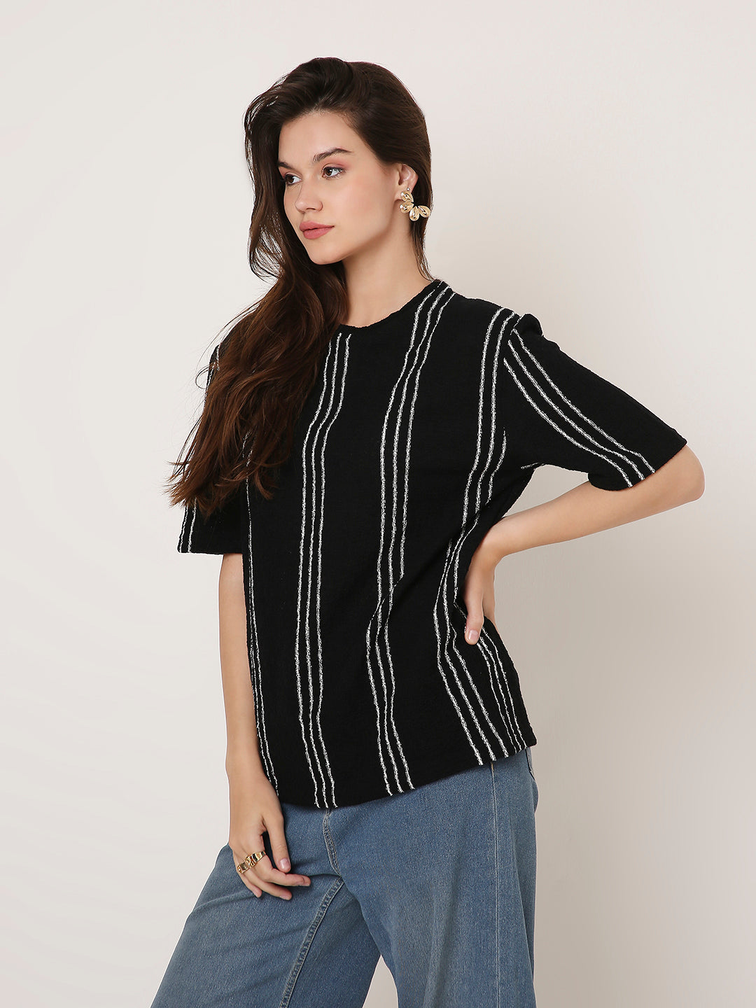Black Vertical Striped Casual Half-Sleeve Top