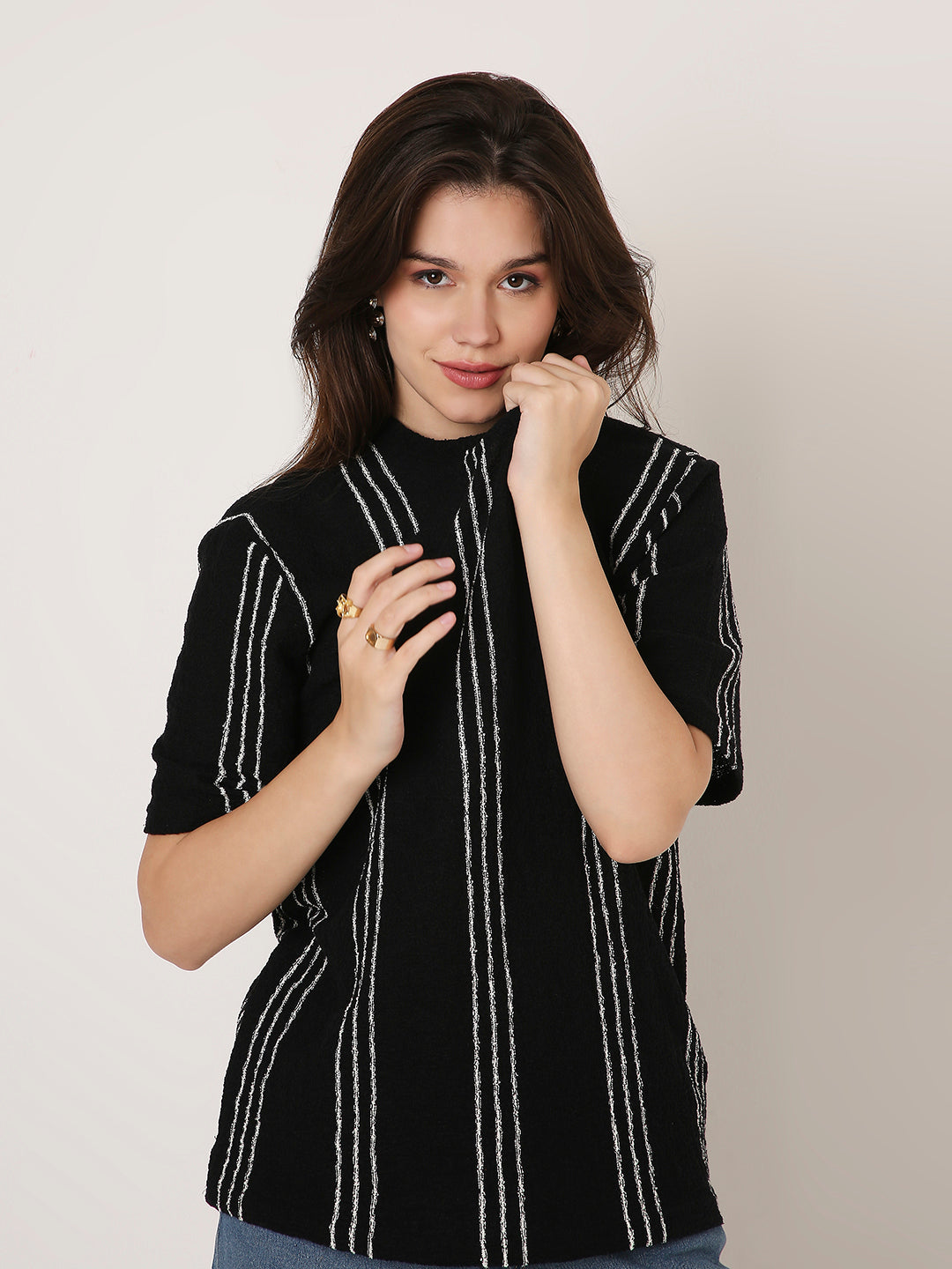 Black Vertical Striped Casual Half-Sleeve Top