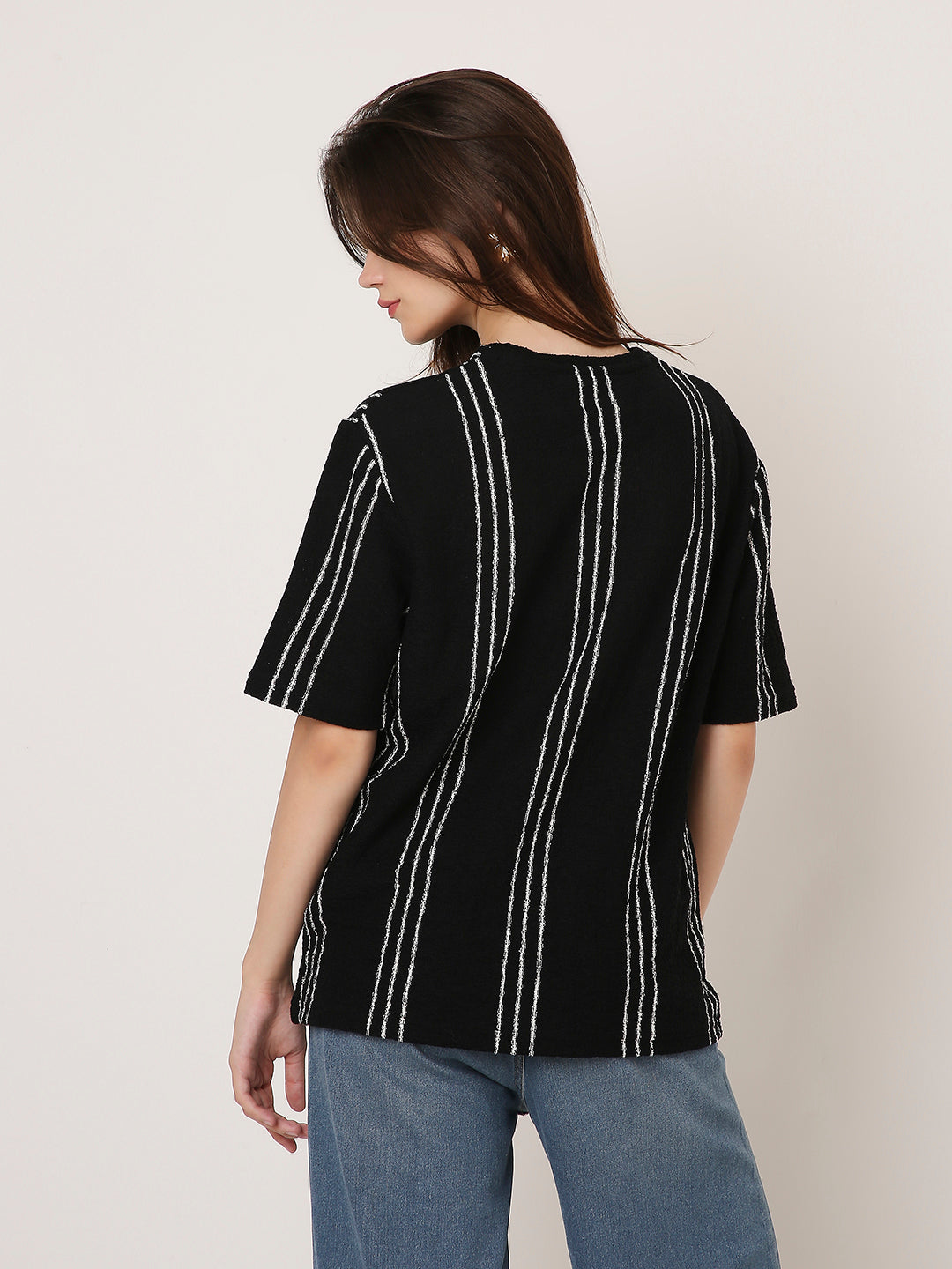 Black Vertical Striped Casual Half-Sleeve Top