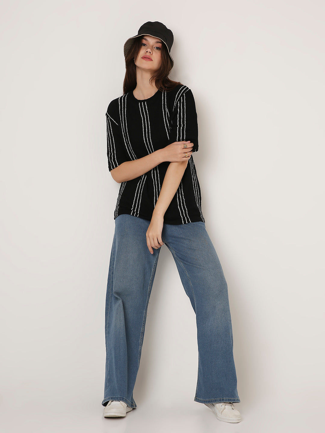 Black Vertical Striped Casual Half-Sleeve Top