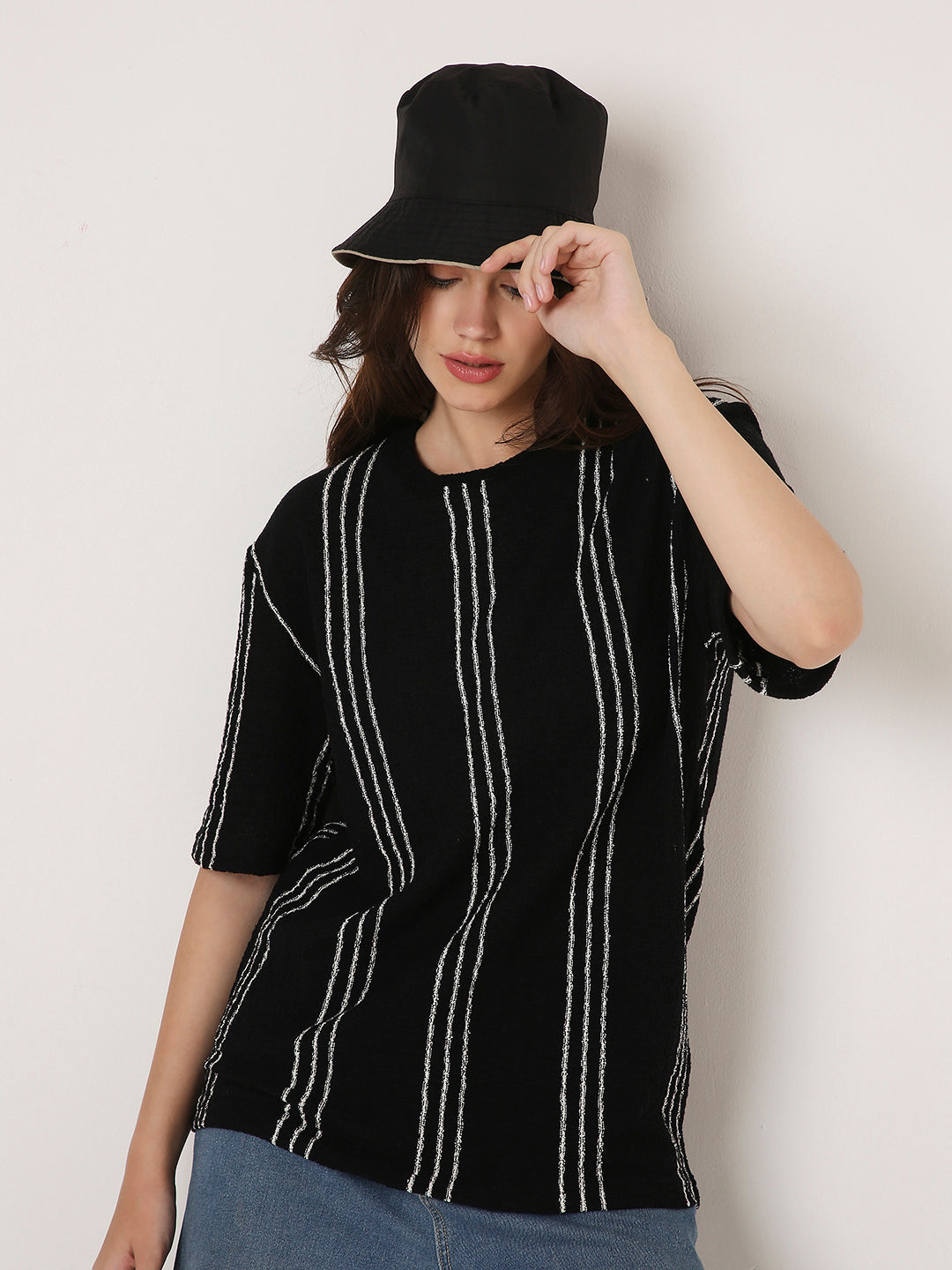 Black Vertical Striped Casual Half-Sleeve Top