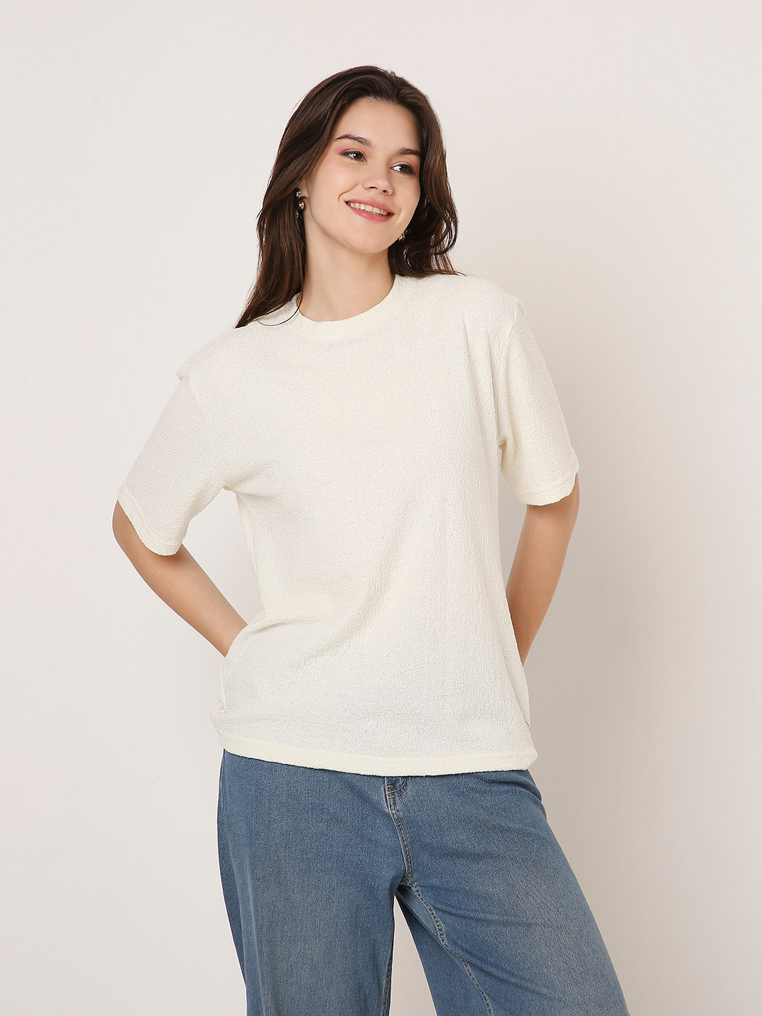 Off-White Textured Casual Half-Sleeve Top