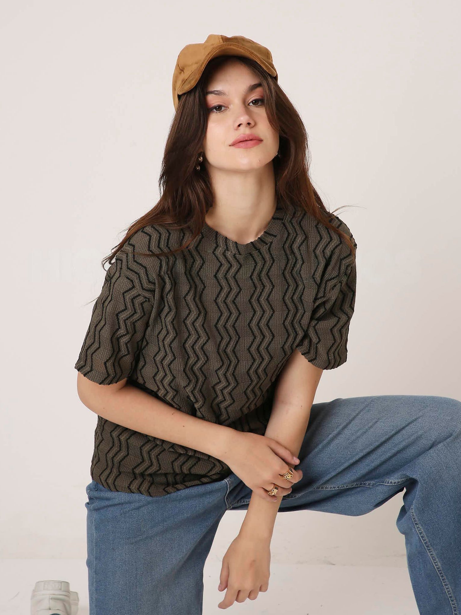 olive PATTERNED CREW NECK BOYFRIEND T-SHIRT