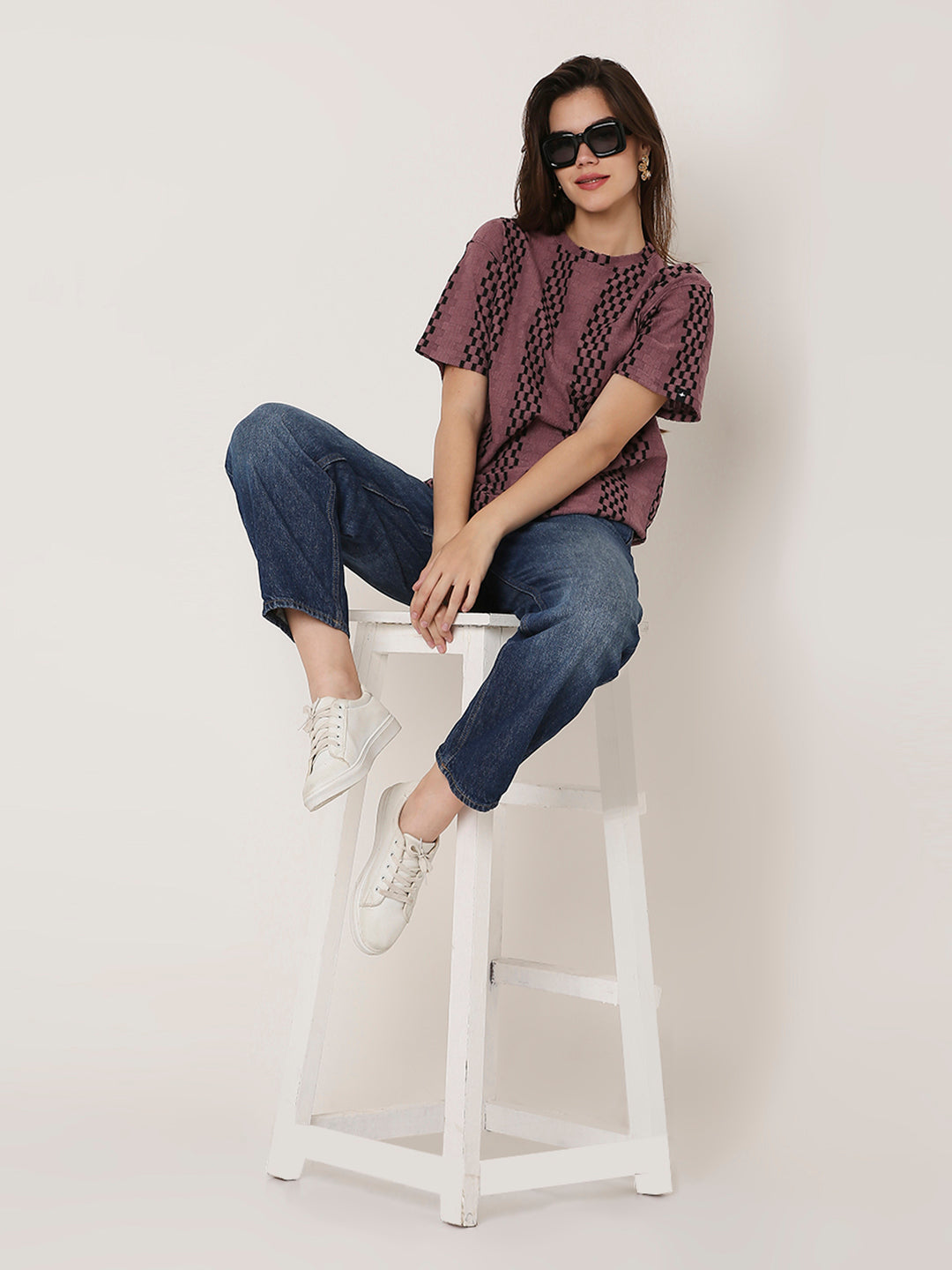 ONION PINK PATTERNED CREW NECK BOYFRIEND T-SHIRT