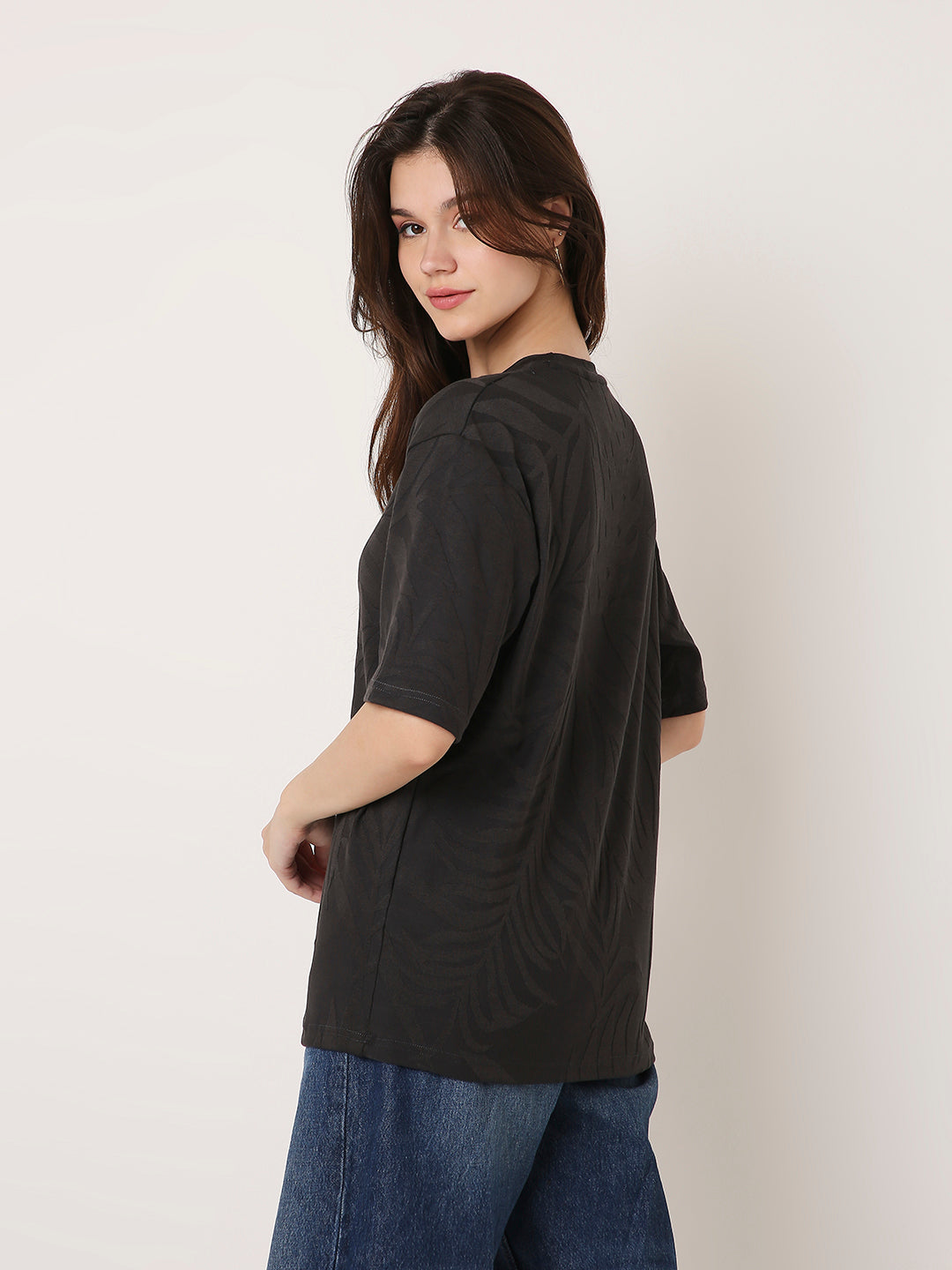 Charcoal Jacquard Leaf-Pattern Casual Half-Sleeve Top