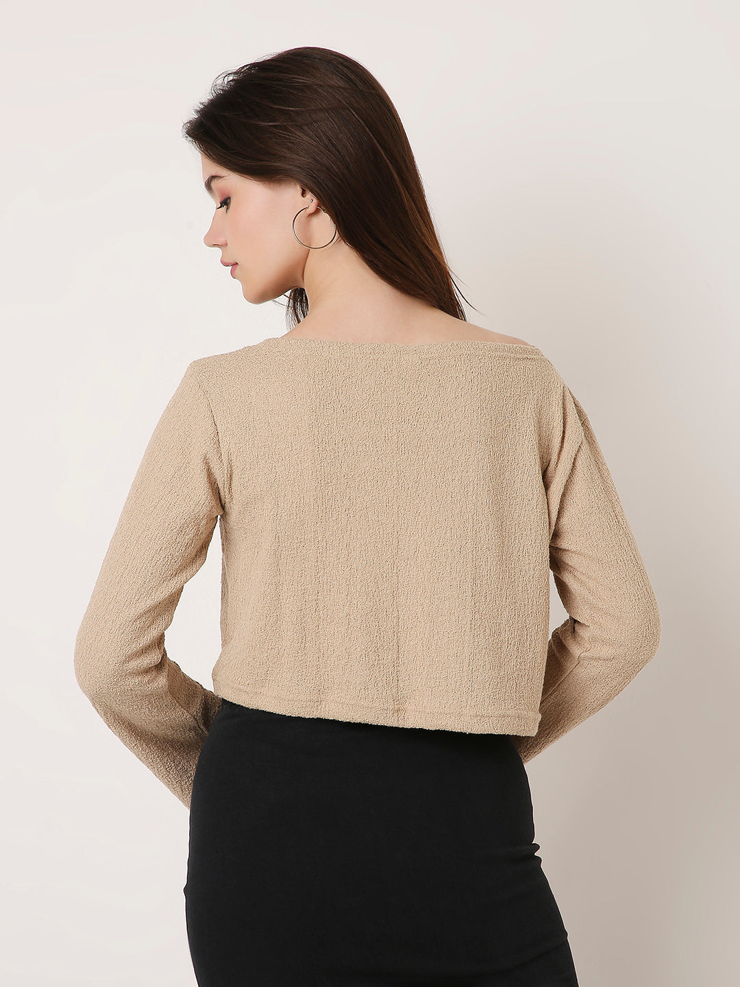 Beige Textured Boat-Neck Full Sleeve Crop Top