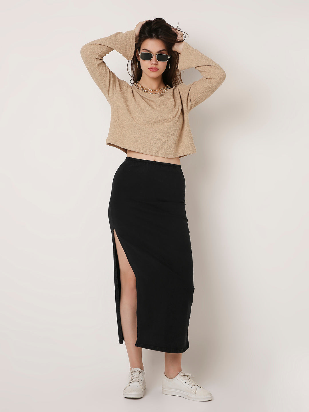 Beige Textured Boat-Neck Full Sleeve Crop Top