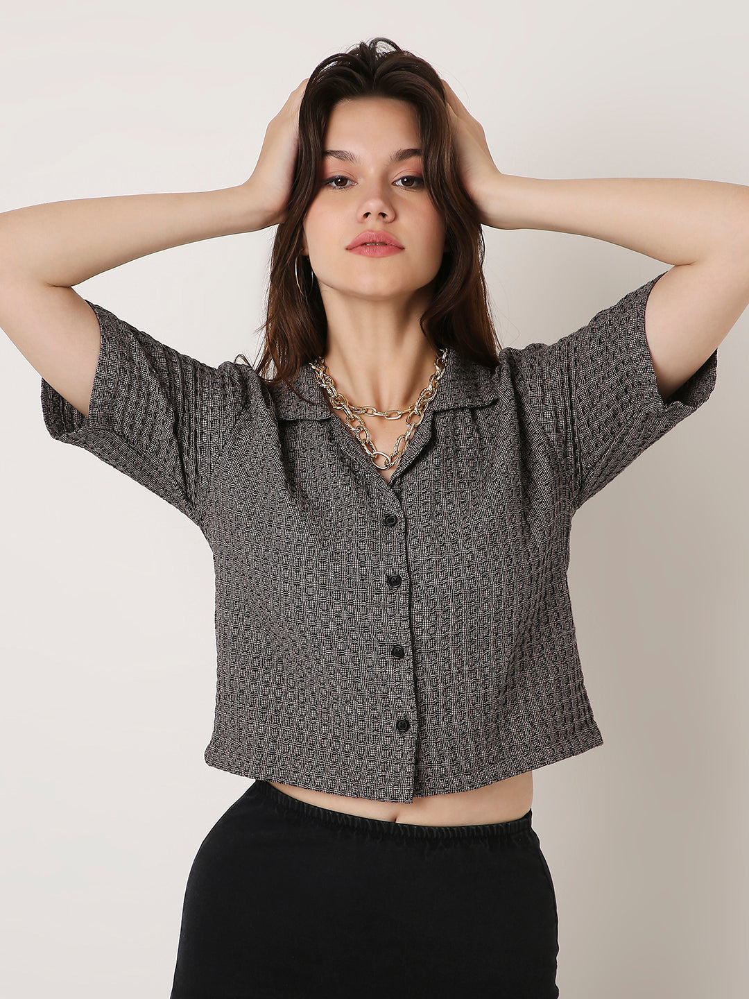 PINK TEXTURED CROPPED SHIRT