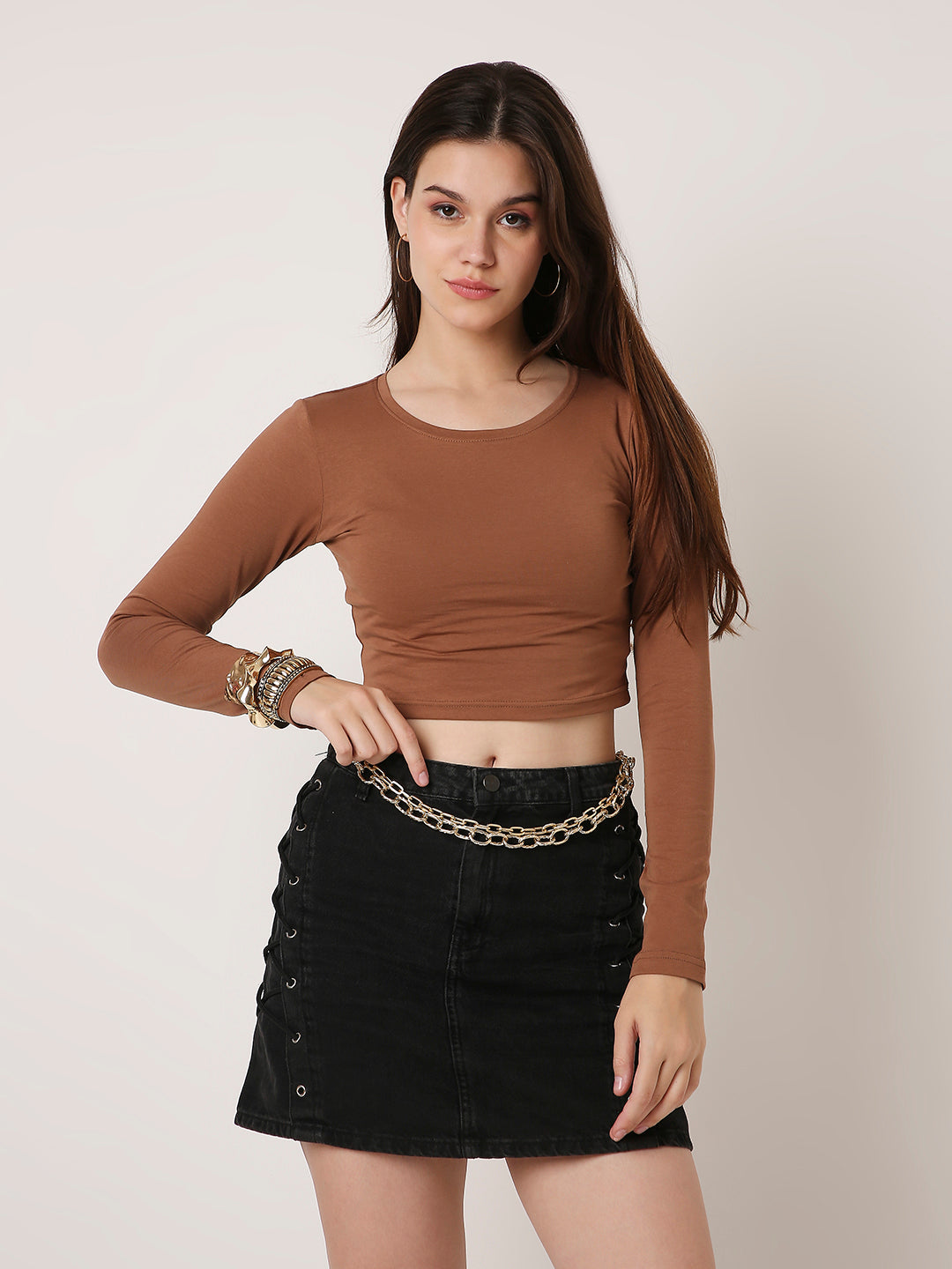 Solid Full-Sleeve Fitted Crop Top