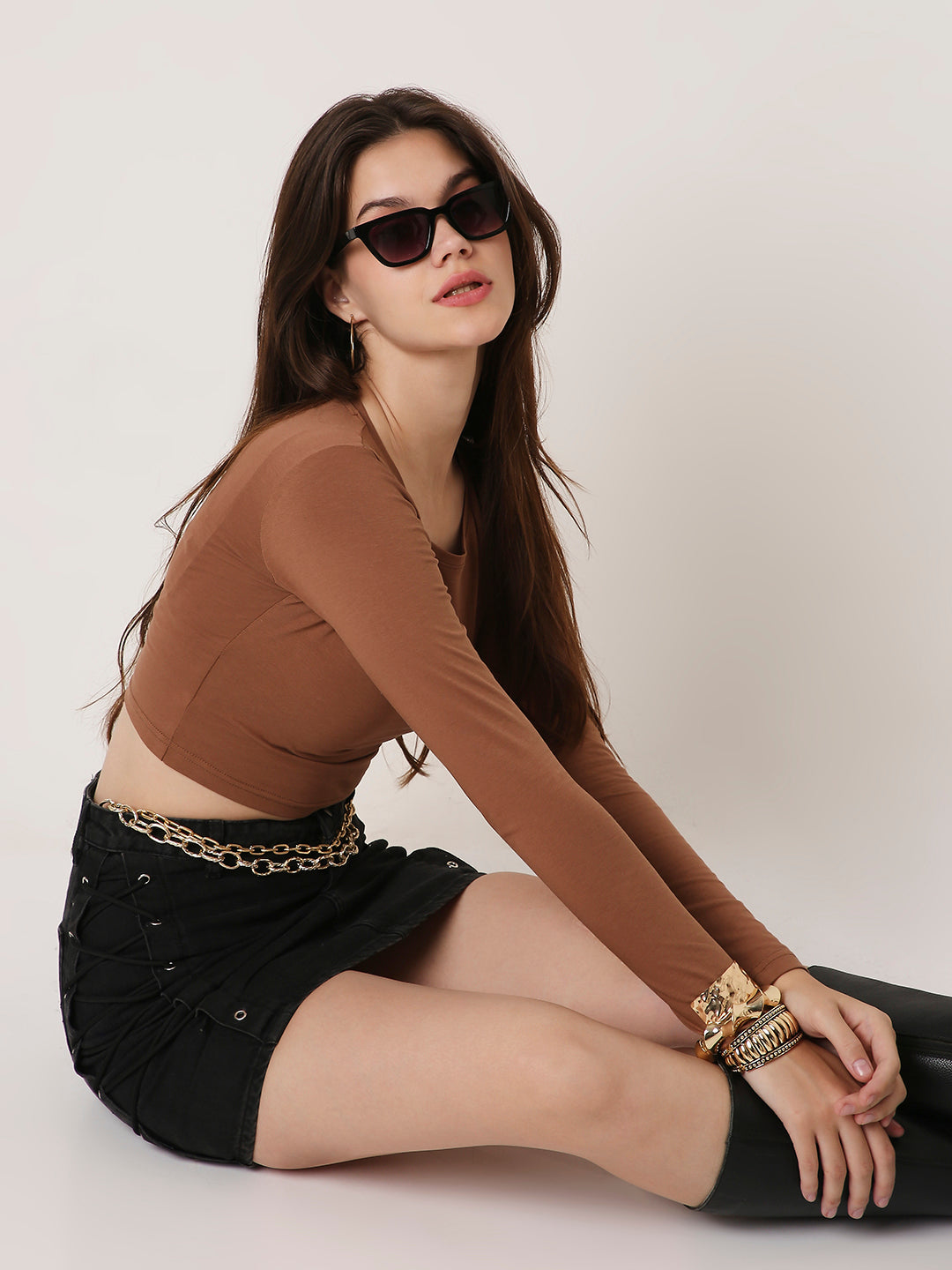 BROWN Full-Sleeve Fitted Crop Top