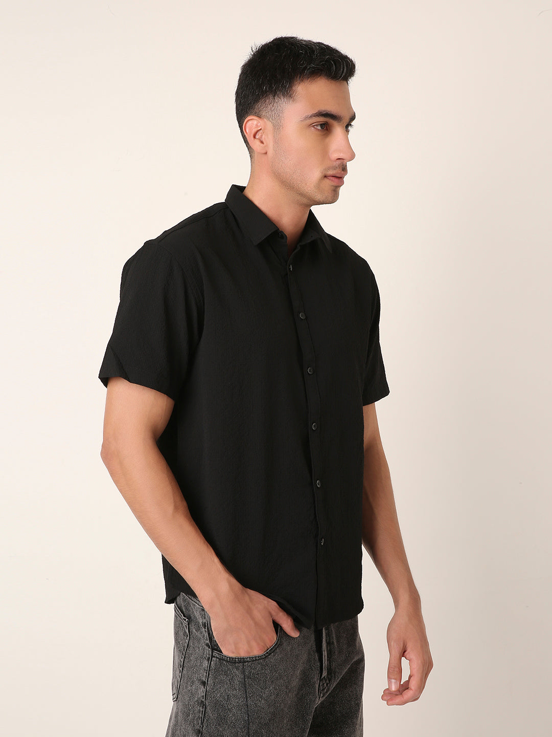 Black Self Structured Short Sleeve Button-Down Shirt