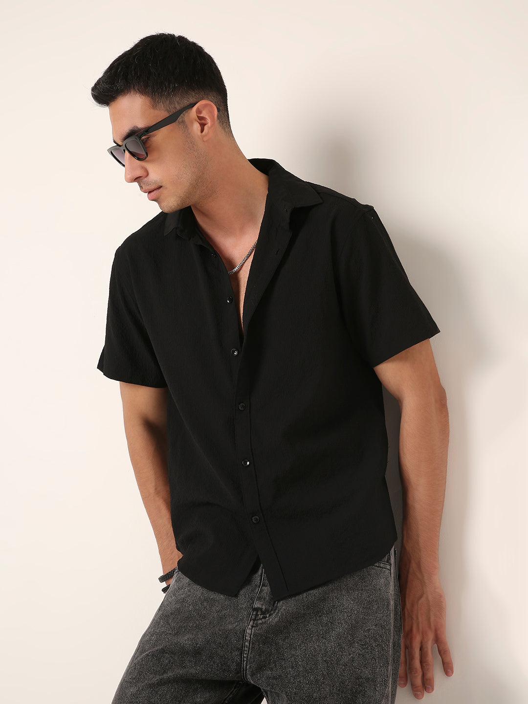 Black Self Structured Short Sleeve Button-Down Shirt
