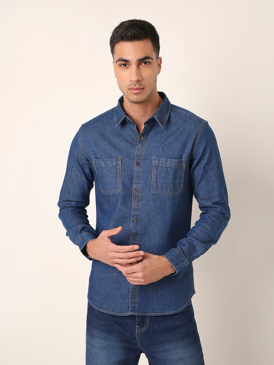 MID Blue Denim Casual Shirt with Dual Chest Pockets