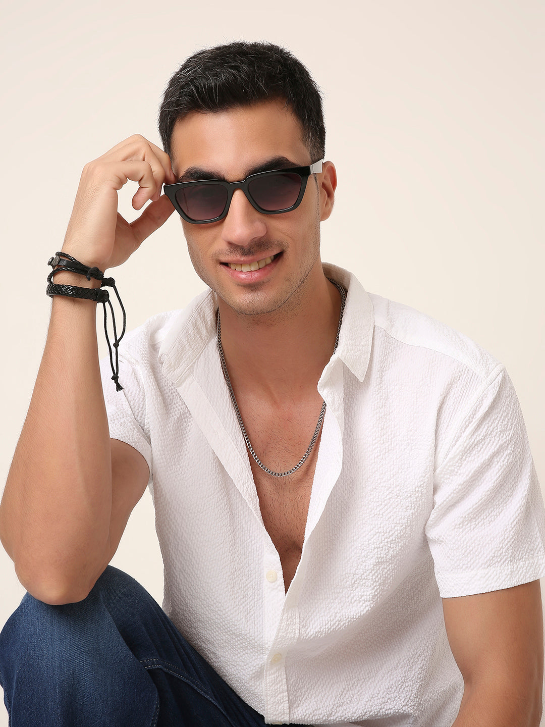 White Self Structured Short Sleeve Button-Down Shirt