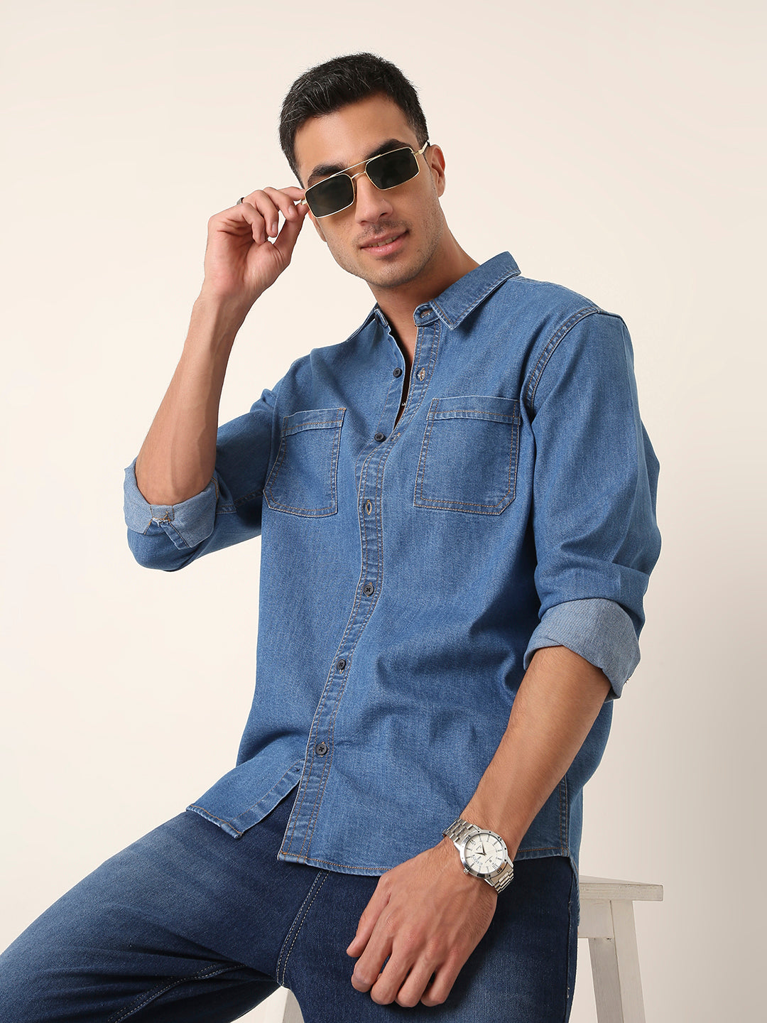 LIGHT Blue Denim Casual Shirt with Dual Chest Pockets