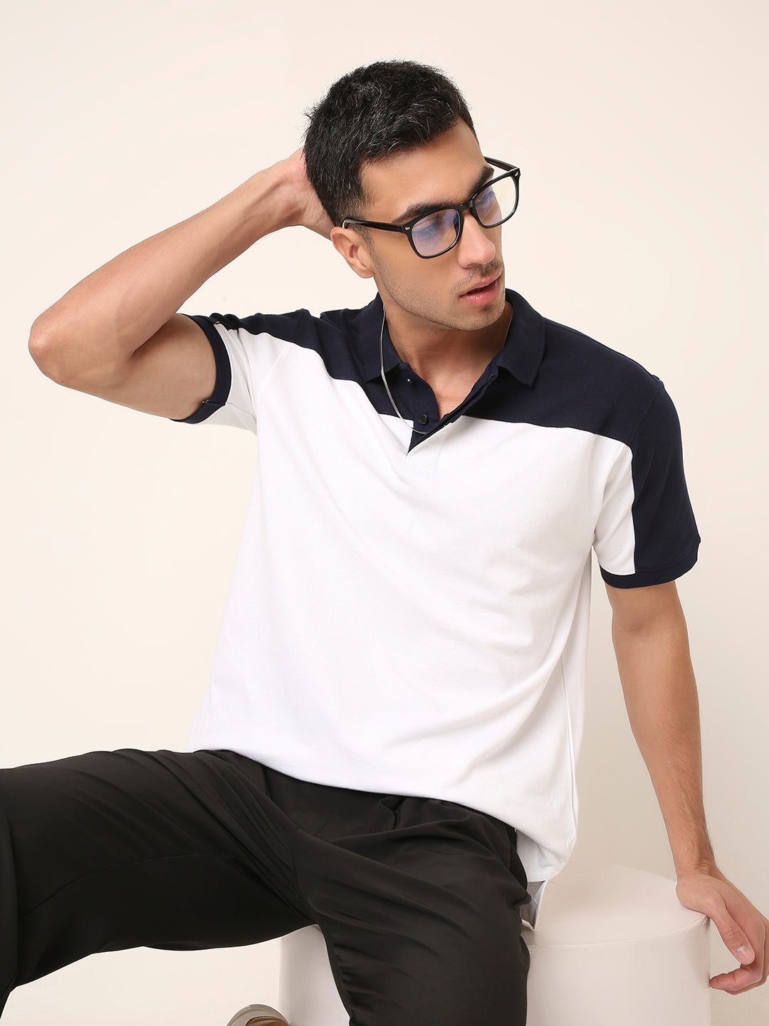 White-Navy Colorblock Polo T-Shirt
