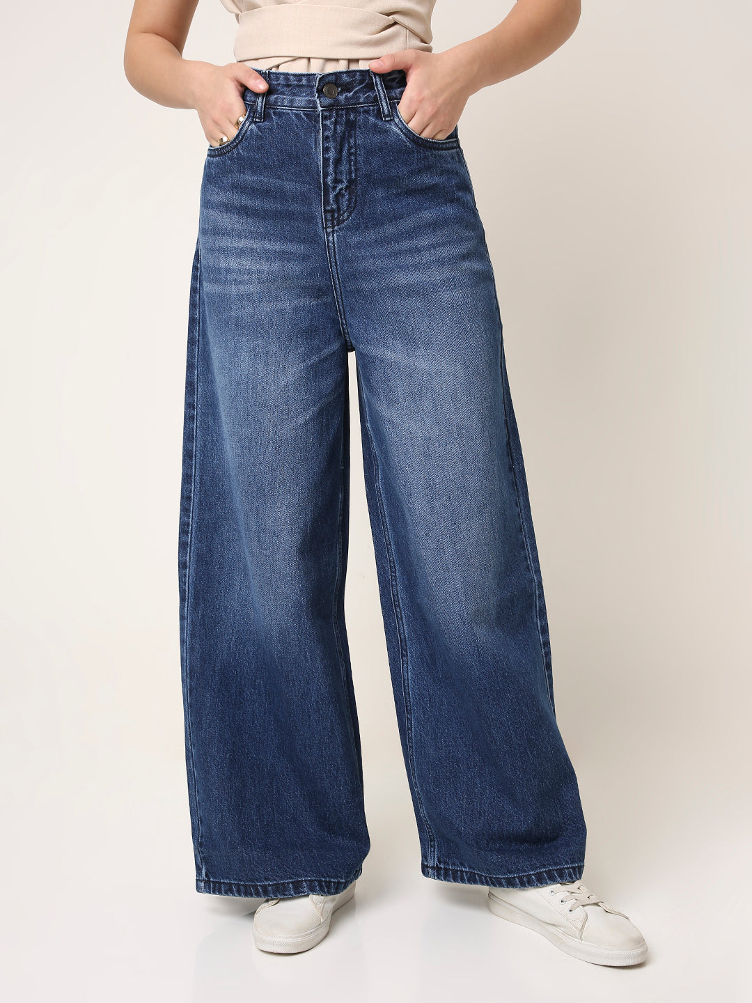 Dark Blue High-Waist Wide Leg Denim Jeans