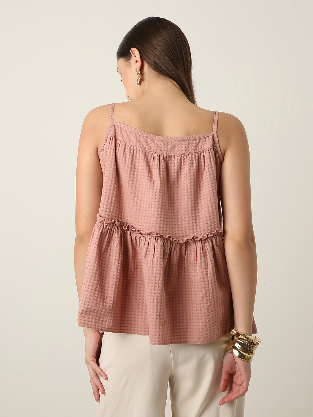 PEACH TEXTURED SPAGHETTI STRAP LAYERED TOP